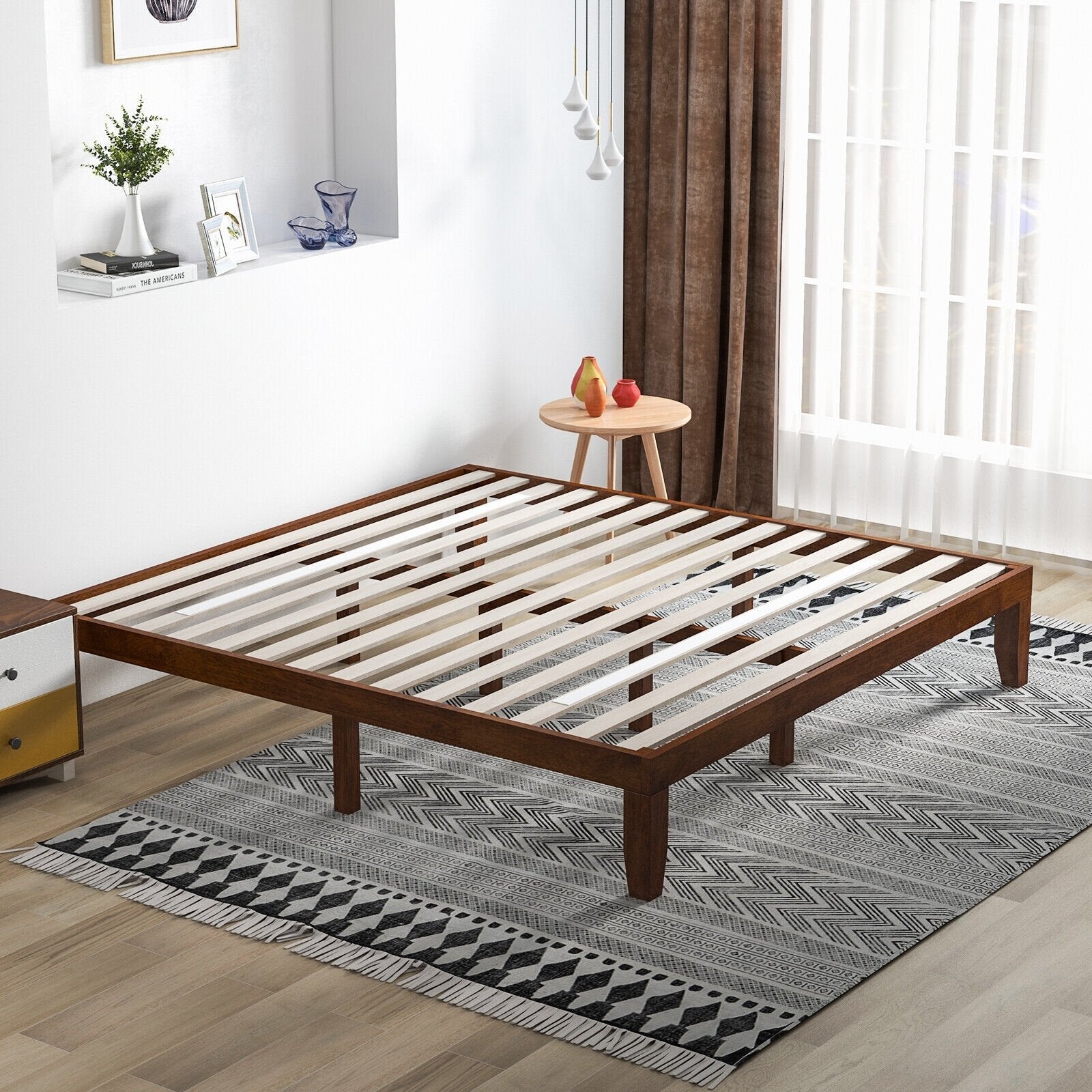 14 Inch King Size Rubber Wood Platform Bed Frame with Wood Slat Support, Walnut Simple Bed Frame   at Gallery Canada