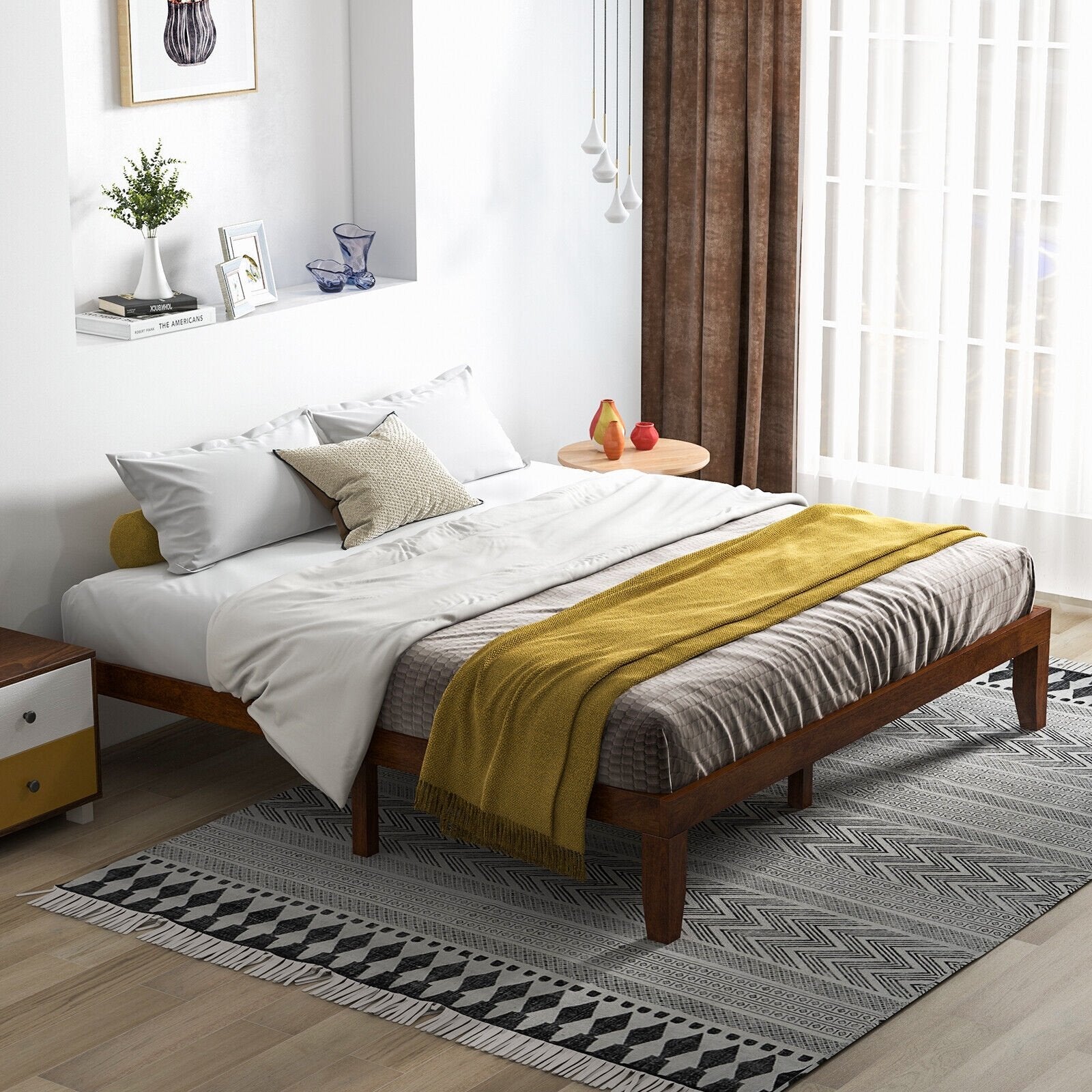 14 Inch King Size Rubber Wood Platform Bed Frame with Wood Slat Support, Walnut Simple Bed Frame   at Gallery Canada