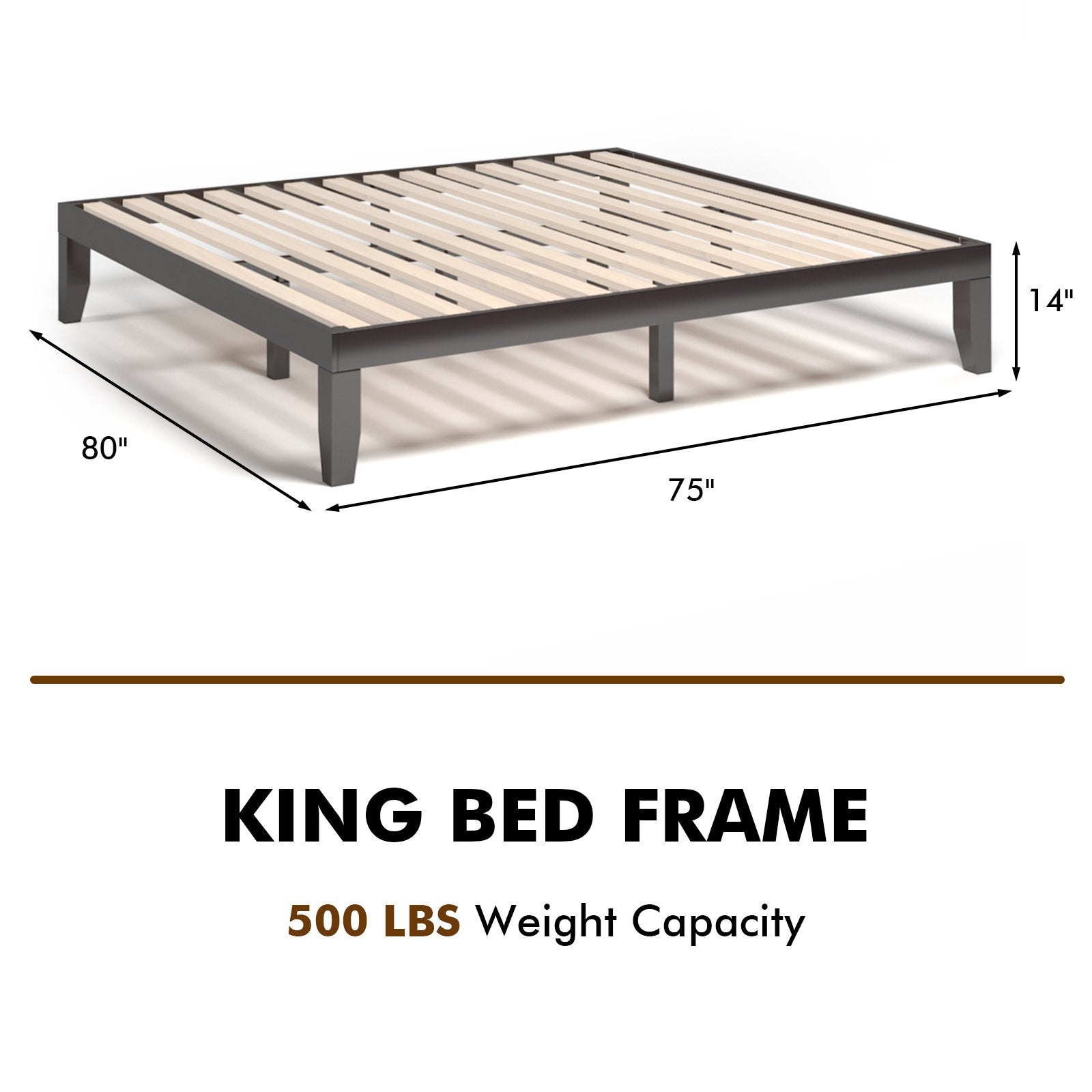 14 Inch King Size Wood Platform Bed Frame, Brown Simple Bed Frame   at Gallery Canada