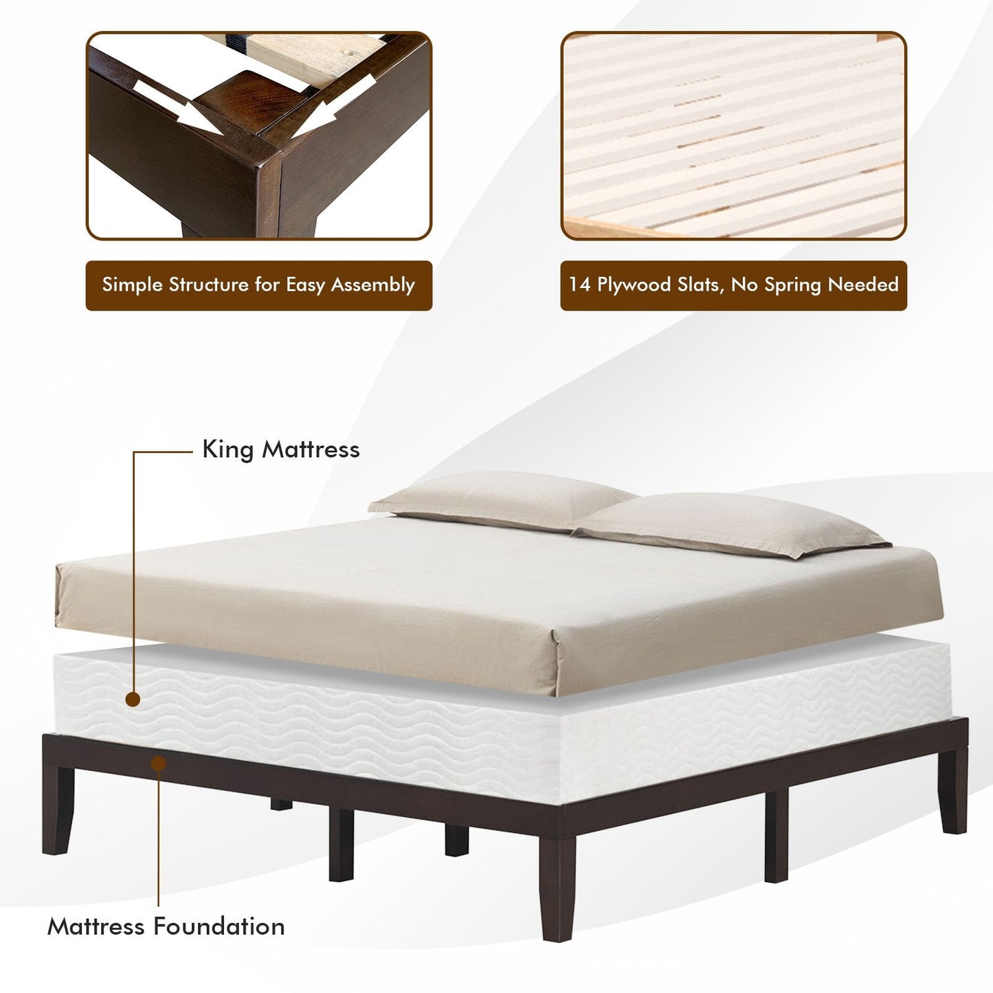 14 Inch King Size Wood Platform Bed Frame, Brown Simple Bed Frame   at Gallery Canada