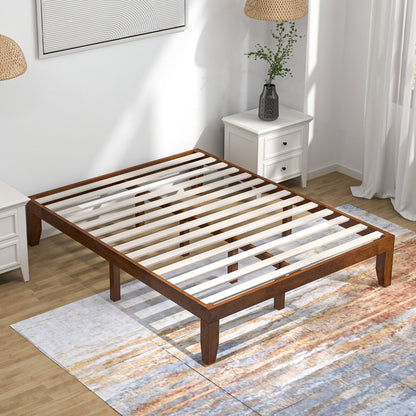 14 Inch Queen Size Rubber Wood Platform Bed Frame with Wood Slat Support, Walnut Simple Bed Frame   at Gallery Canada