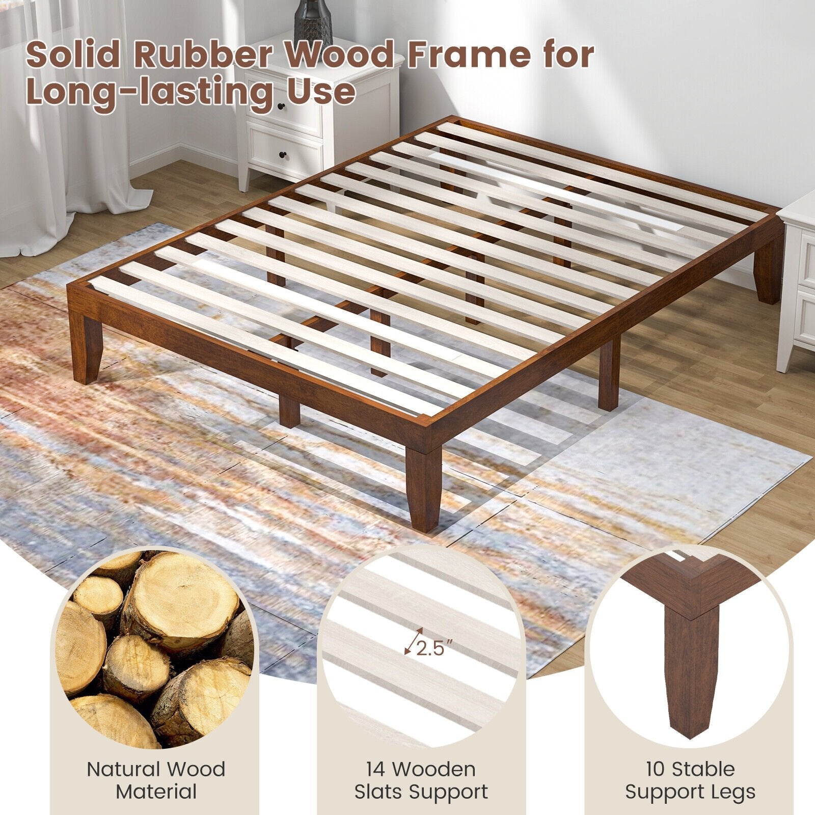 14 Inch Queen Size Rubber Wood Platform Bed Frame with Wood Slat Support, Walnut Simple Bed Frame   at Gallery Canada