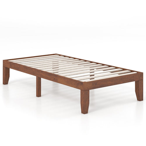 14 Inch Twin Size Rubber Wood Platform Bed Frame with Wood Slat Support, Walnut