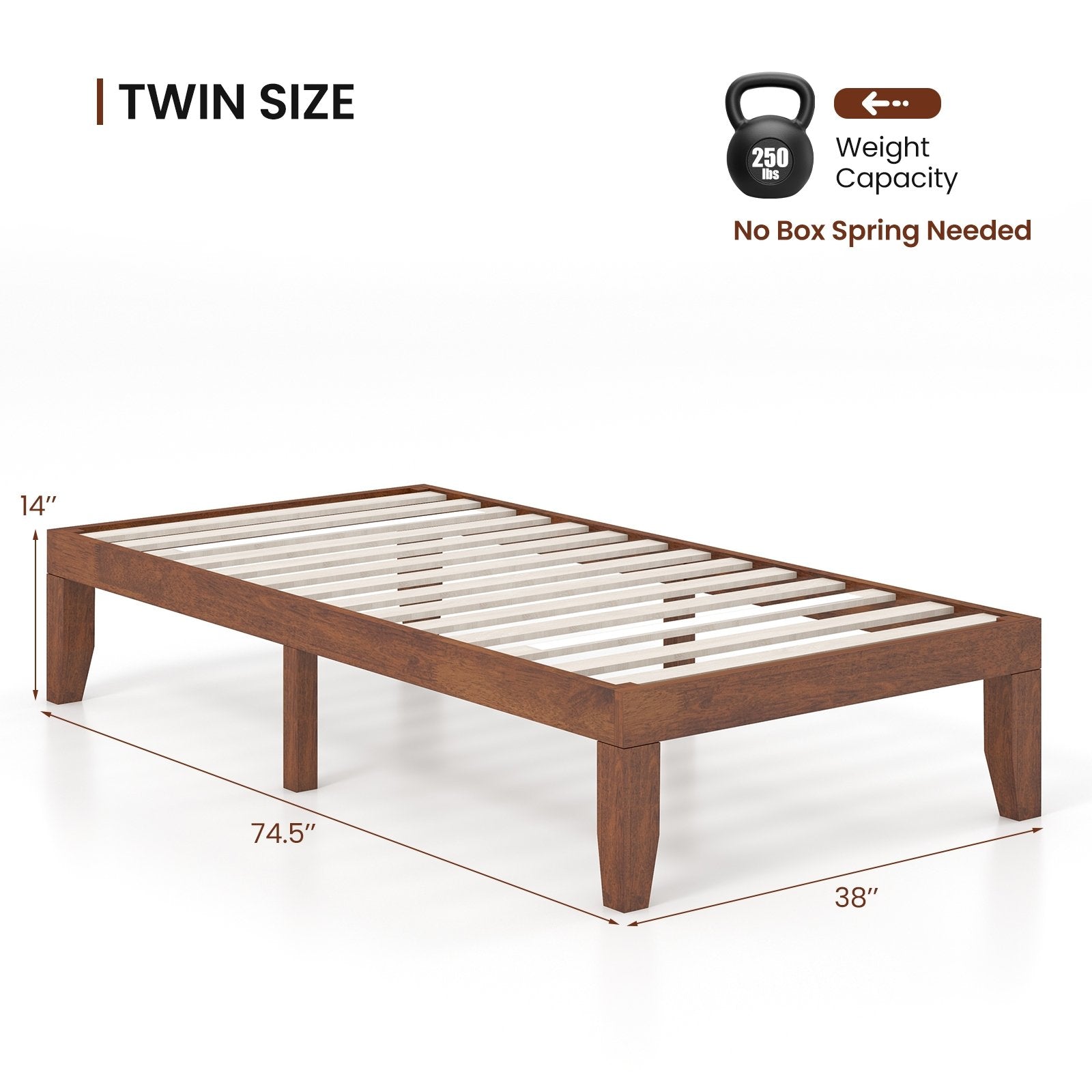 14 Inch Twin Size Rubber Wood Platform Bed Frame with Wood Slat Support, Walnut Simple Bed Frame   at Gallery Canada