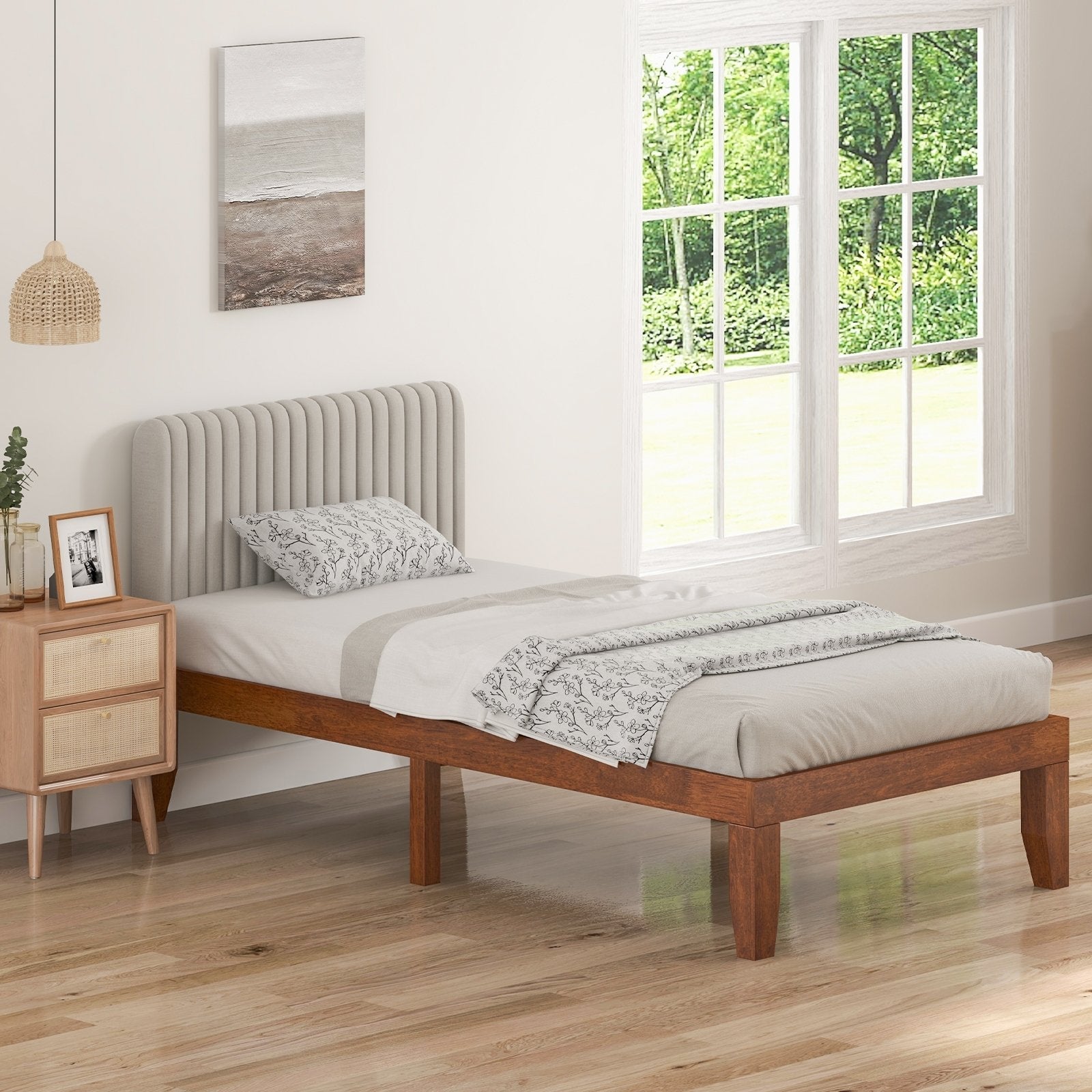 14 Inch Twin Size Rubber Wood Platform Bed Frame with Wood Slat Support, Walnut Simple Bed Frame   at Gallery Canada