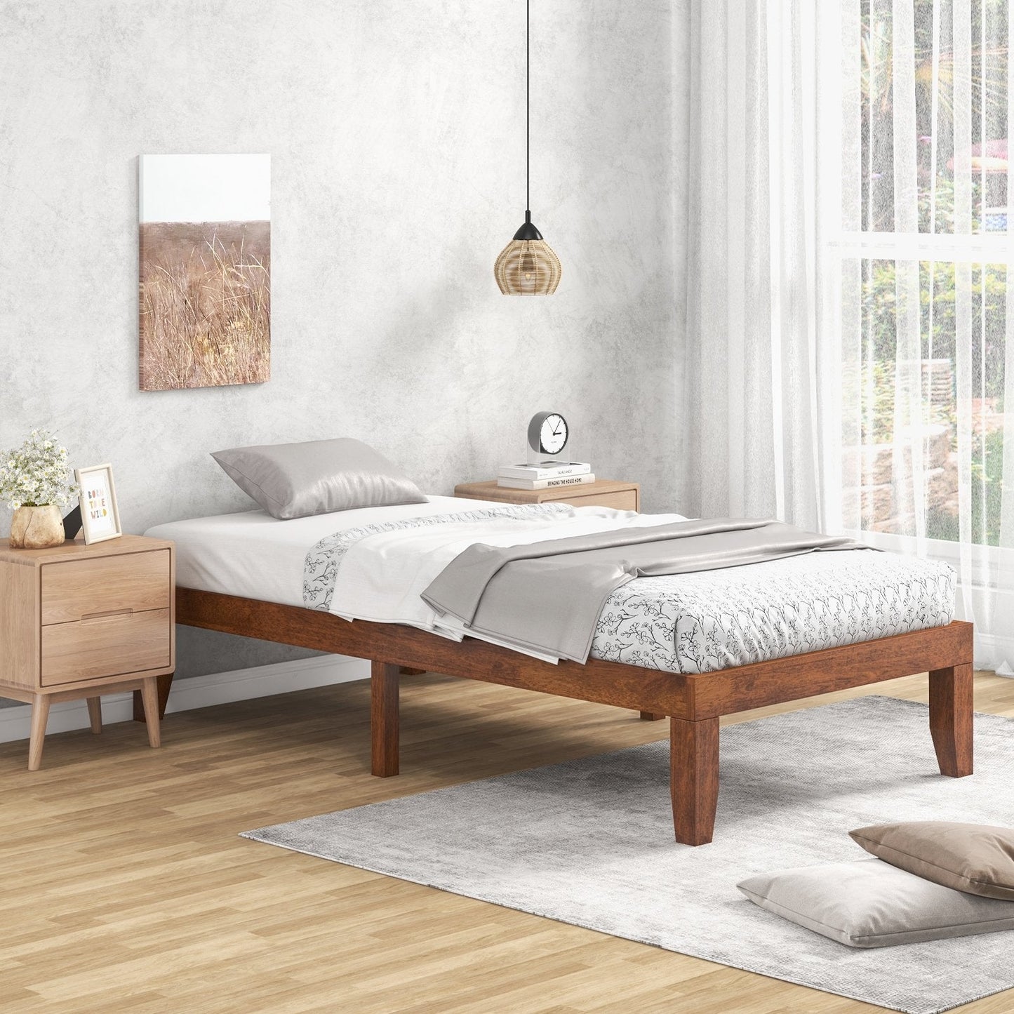 14 Inch Twin Size Rubber Wood Platform Bed Frame with Wood Slat Support, Walnut Simple Bed Frame   at Gallery Canada