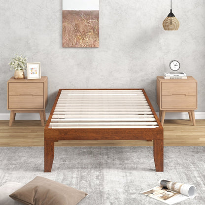 14 Inch Twin Size Rubber Wood Platform Bed Frame with Wood Slat Support, Walnut Simple Bed Frame   at Gallery Canada