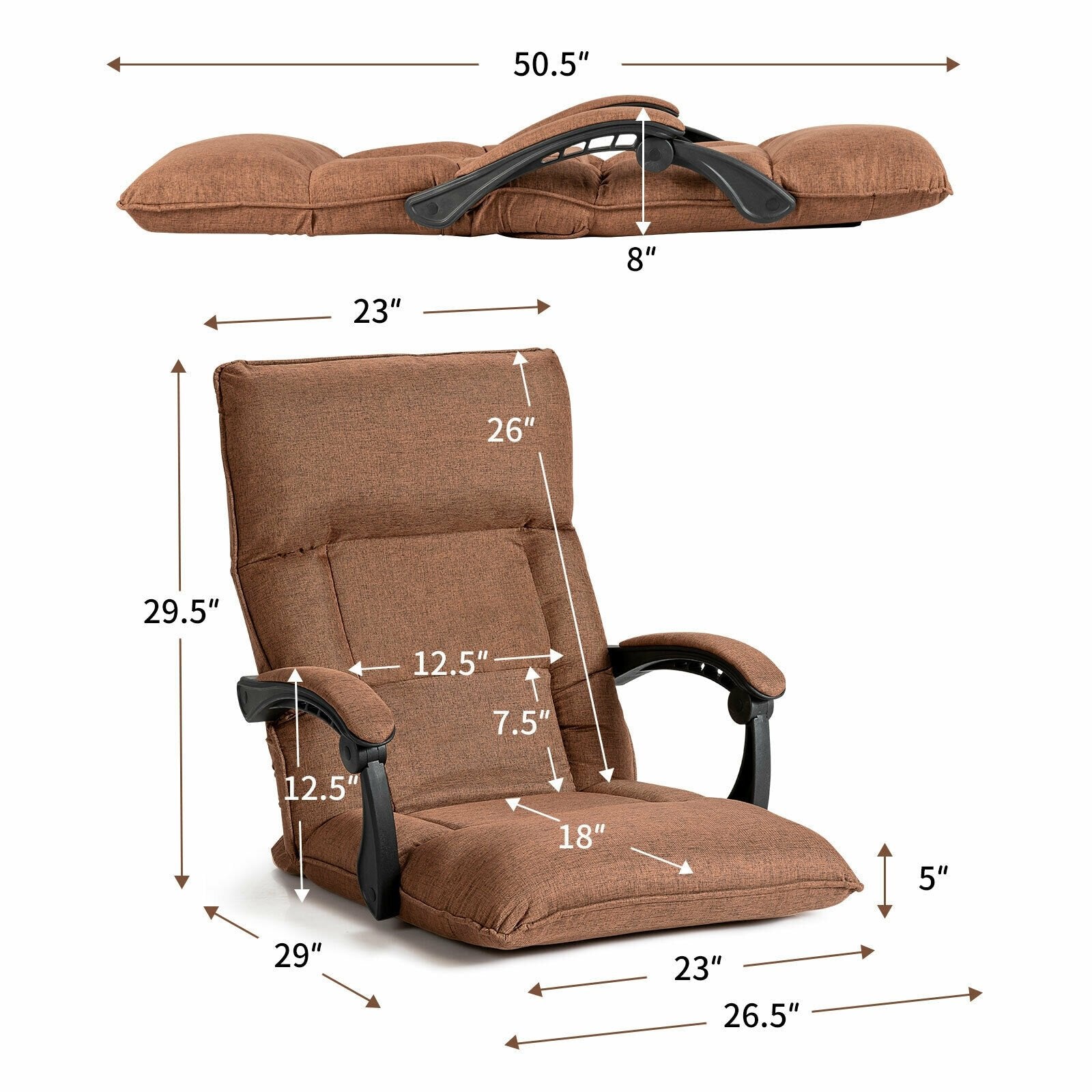 14-Position Adjusting Lazy Sofa Chair with Waist Pillow and Armrests, Brown Floor Chairs   at Gallery Canada