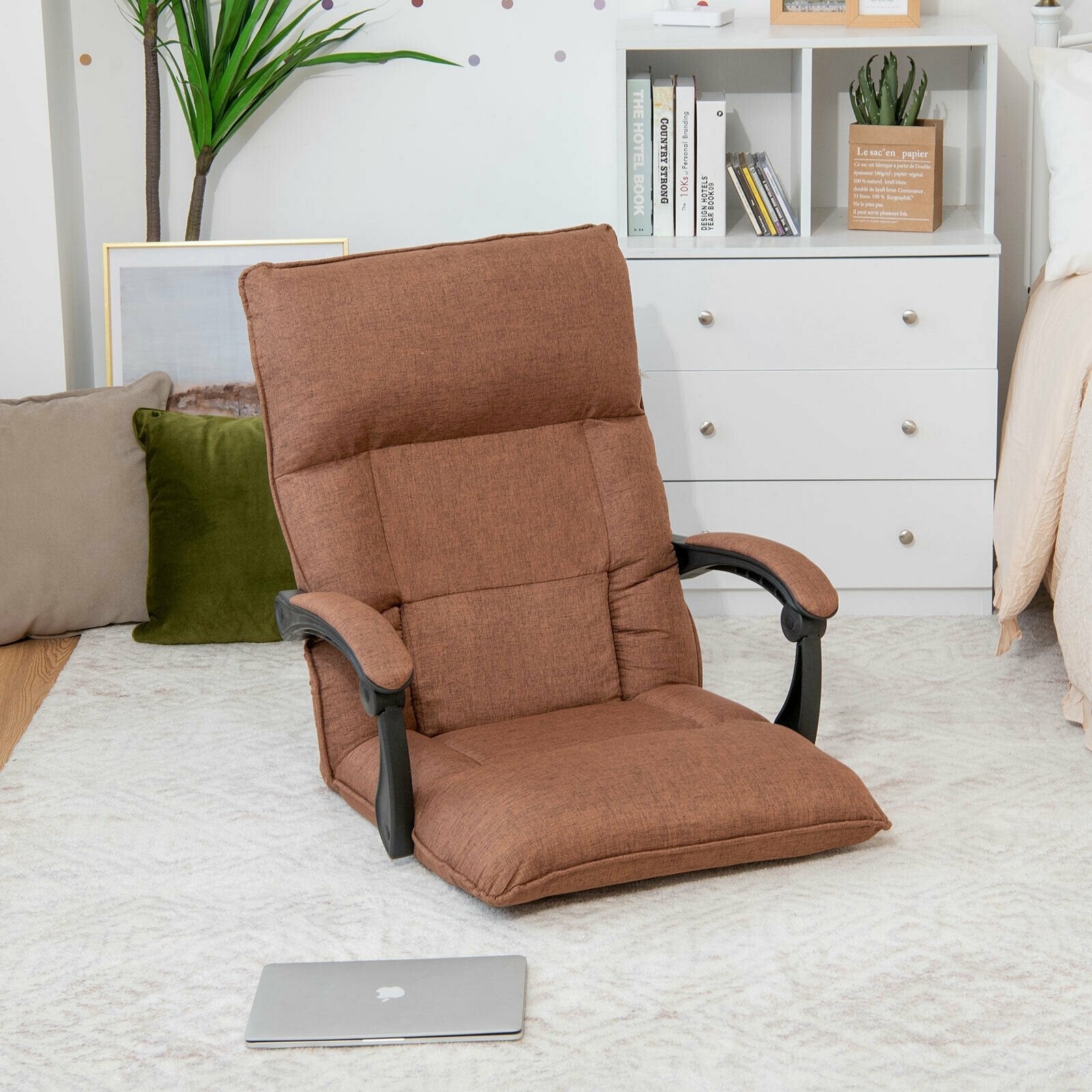 14-Position Adjusting Lazy Sofa Chair with Waist Pillow and Armrests, Brown Floor Chairs   at Gallery Canada