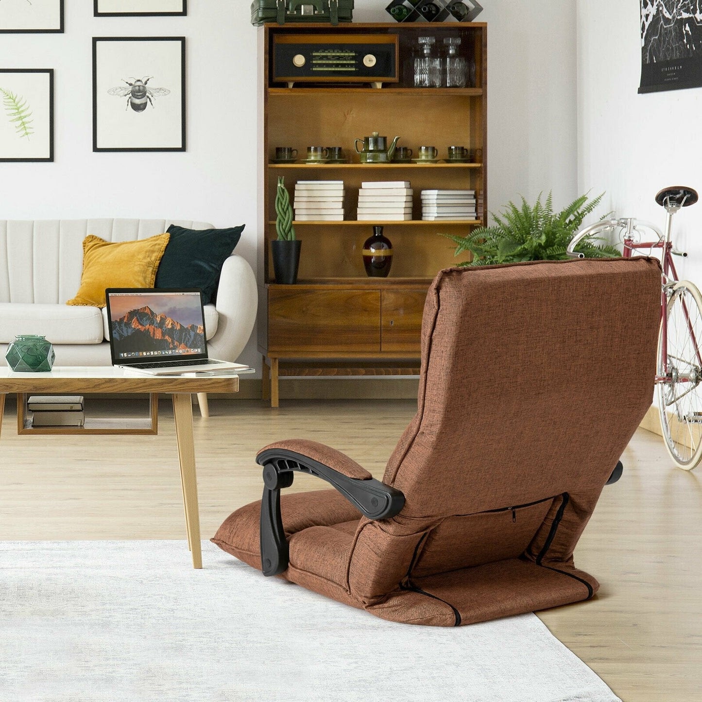 14-Position Adjusting Lazy Sofa Chair with Waist Pillow and Armrests, Brown Floor Chairs   at Gallery Canada