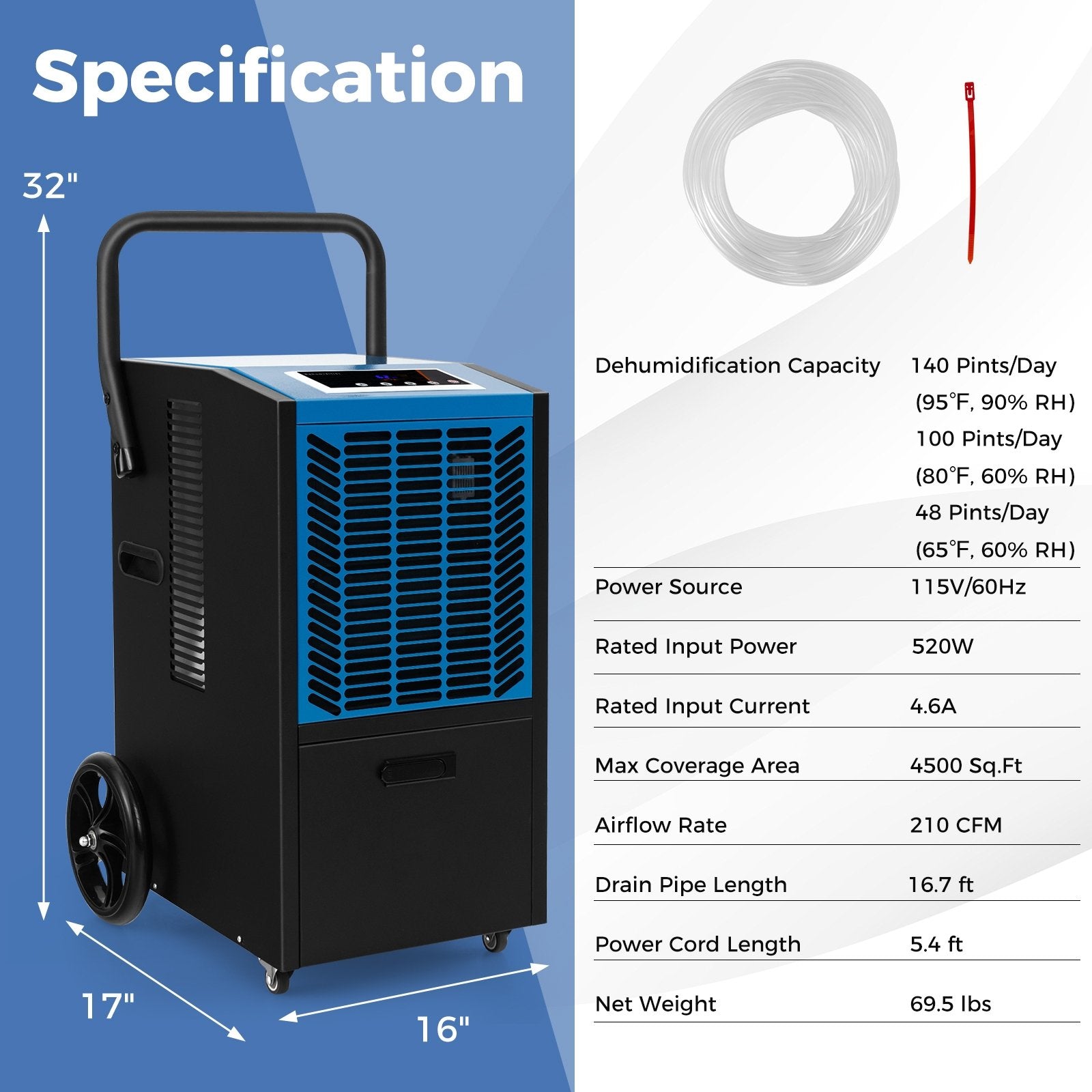 140 Pints Commercial Dehumidifier Crawl Space Dehumidifier with Pump and Drain Hose, Blue Dehumidifiers   at Gallery Canada