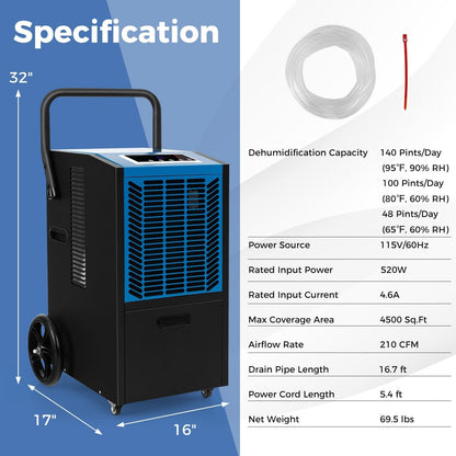 140 Pints Commercial Dehumidifier Crawl Space Dehumidifier with Pump and Drain Hose, Blue Dehumidifiers   at Gallery Canada