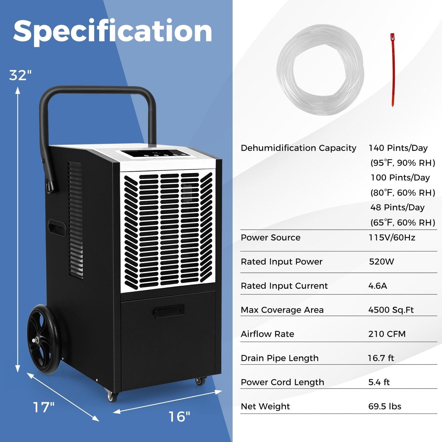 140 Pints Commercial Dehumidifier Crawl Space Dehumidifier with Pump and Drain Hose, White Dehumidifiers   at Gallery Canada