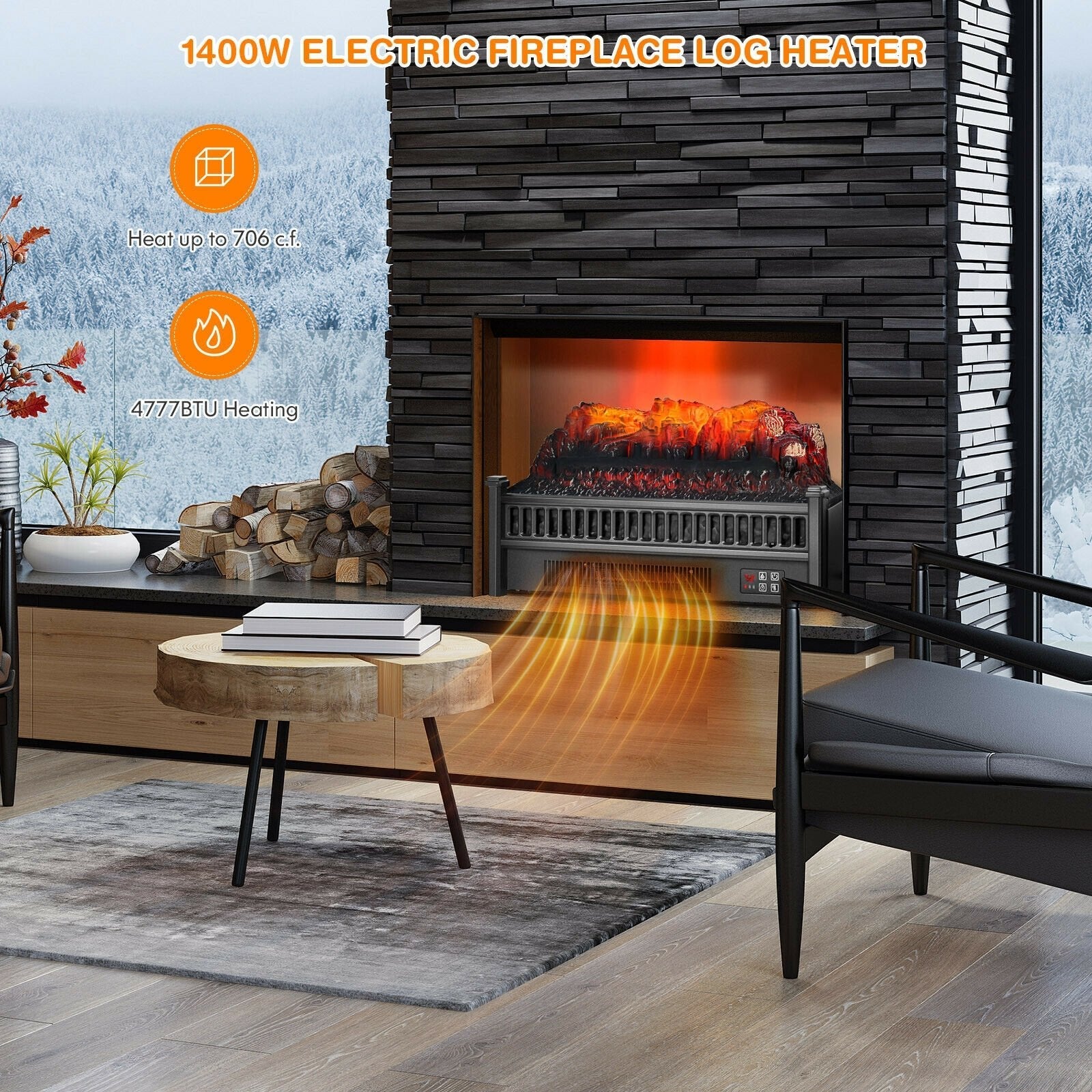 1400W Electric Fireplace Log Heater with Adjustable Flame Brightness, Black Fireplaces   at Gallery Canada