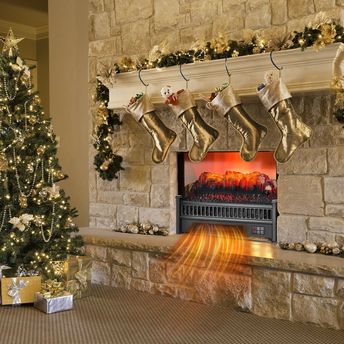 1400W Electric Fireplace Log Heater with Adjustable Flame Brightness, Black Fireplaces   at Gallery Canada