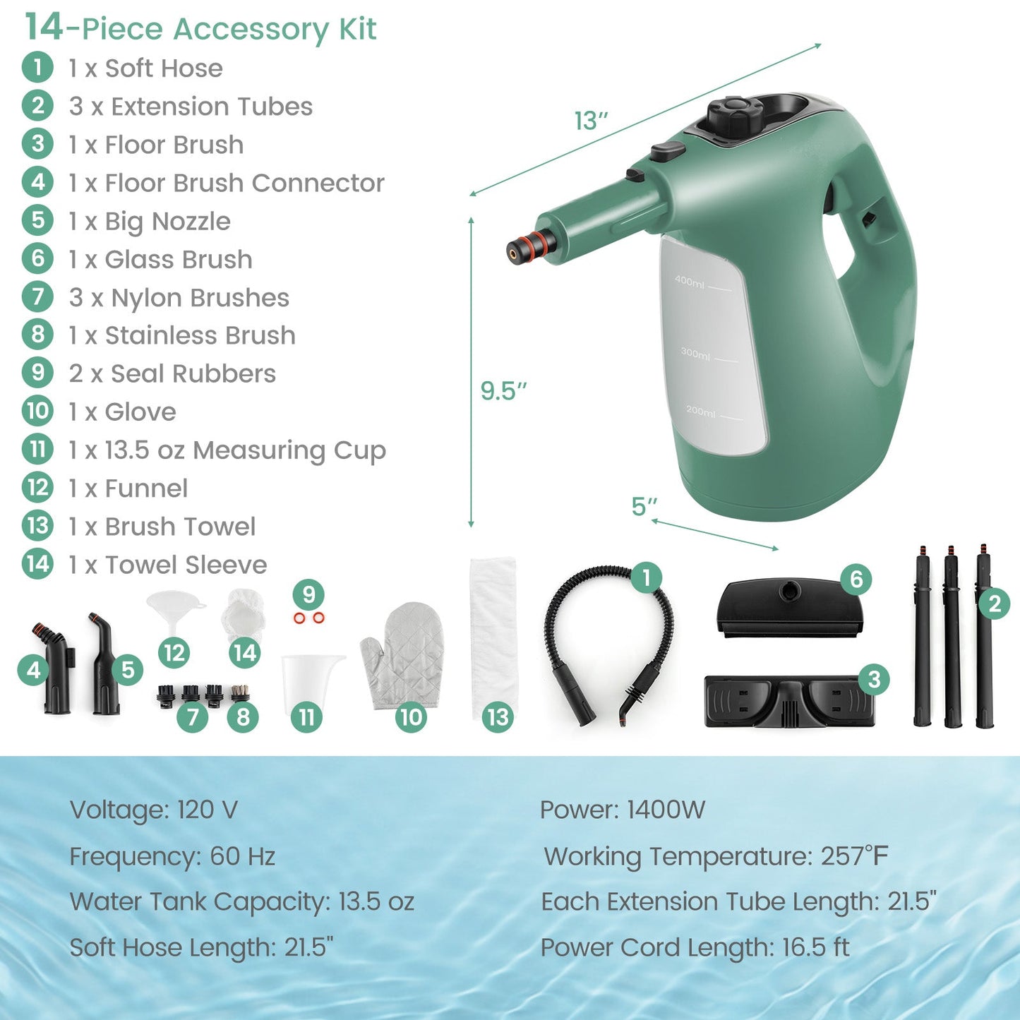 1400W Handheld Steam Cleaner with 14-Piece Accessory Kit and Child Lock, Green Vacuums & Cleaners   at Gallery Canada