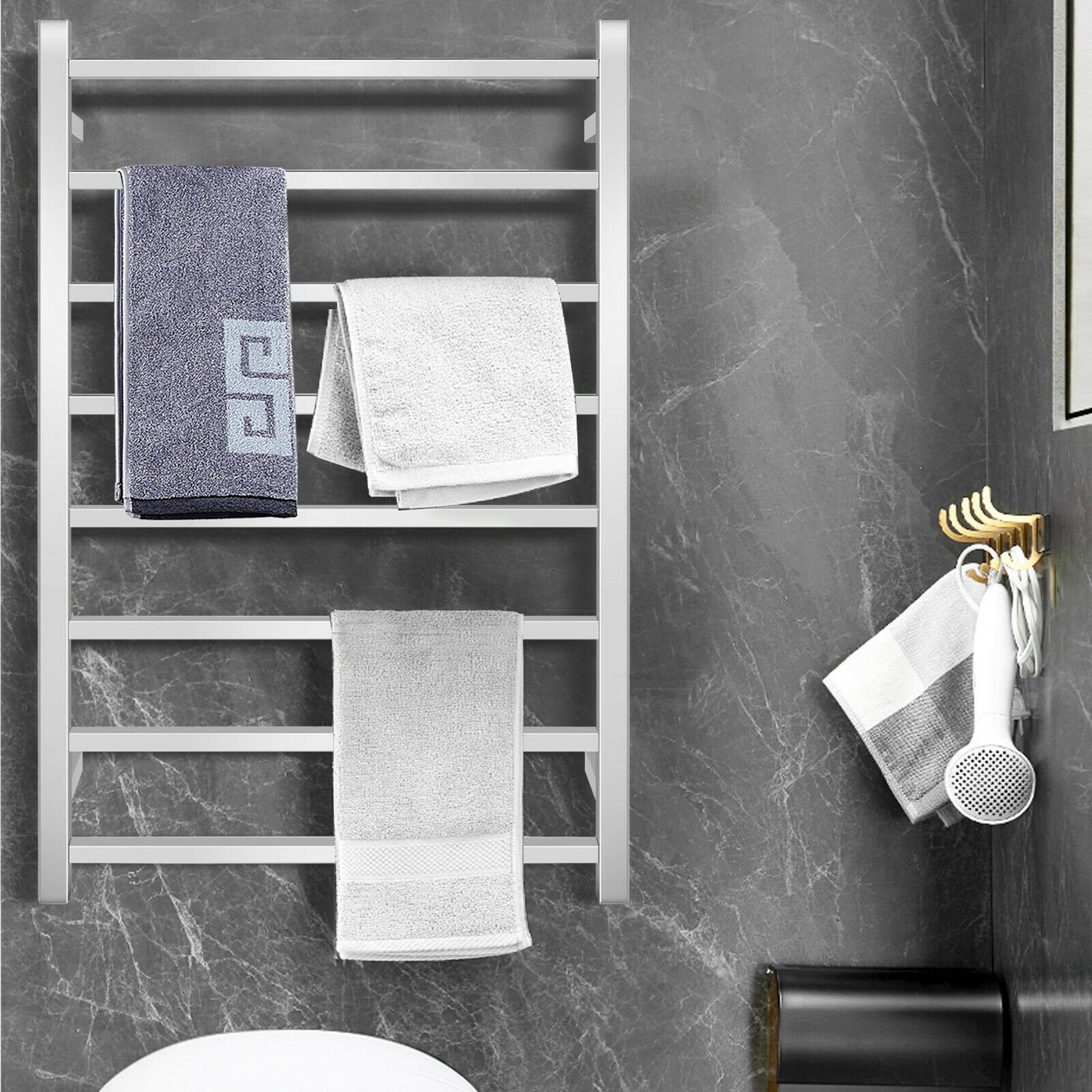 145W Electric Towel Warmer Wall Mounted Heated Drying Rack 8 Square Bars, Silver Towel Racks   at Gallery Canada