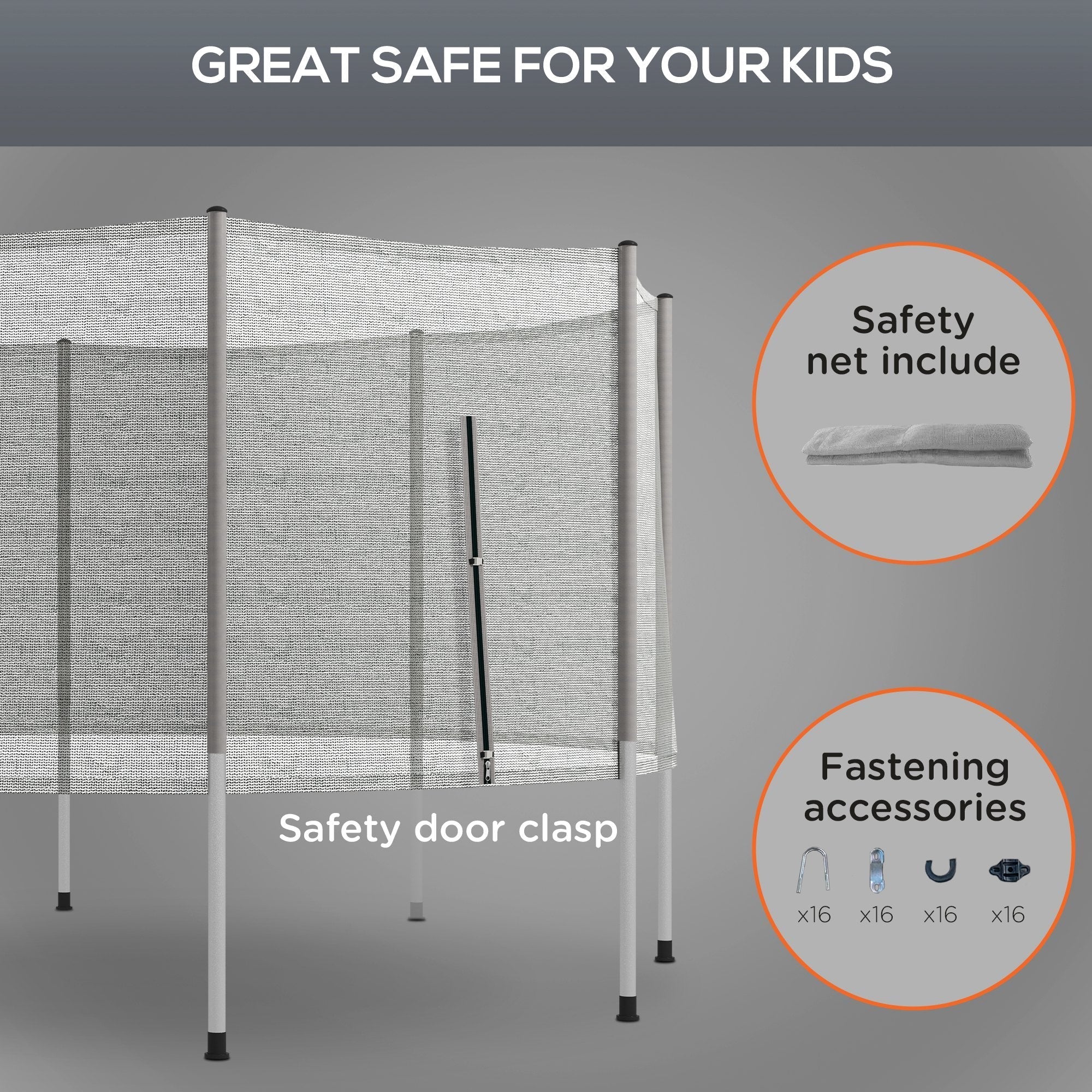 14FT Enclosure Trampolining Bounce Safety Accessories Trampoline Net with 8 Poles, Grey Trampolines   at Gallery Canada