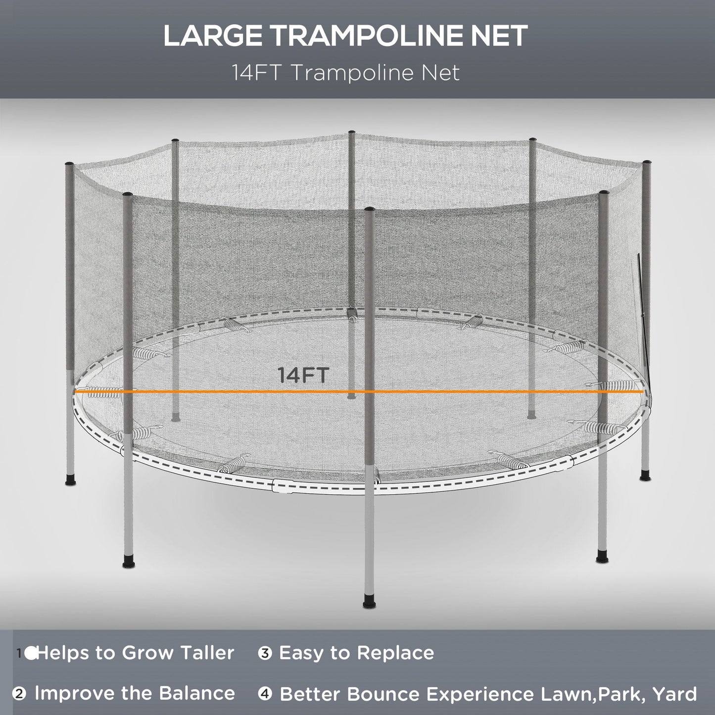 14FT Enclosure Trampolining Bounce Safety Accessories Trampoline Net with 8 Poles, Grey Trampolines   at Gallery Canada