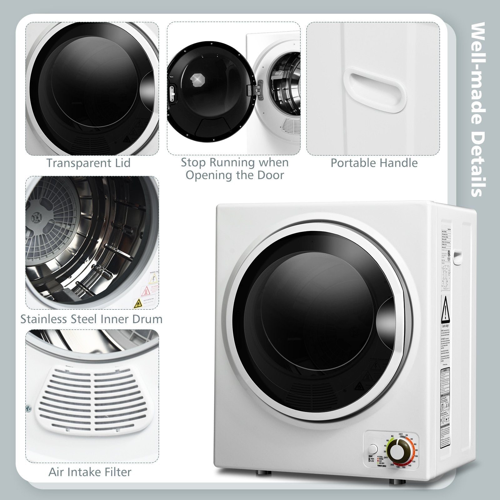 1.5 Cu .ft Clothes Dryer with with Stainless Steel Wall Mount, White Dryers   at Gallery Canada