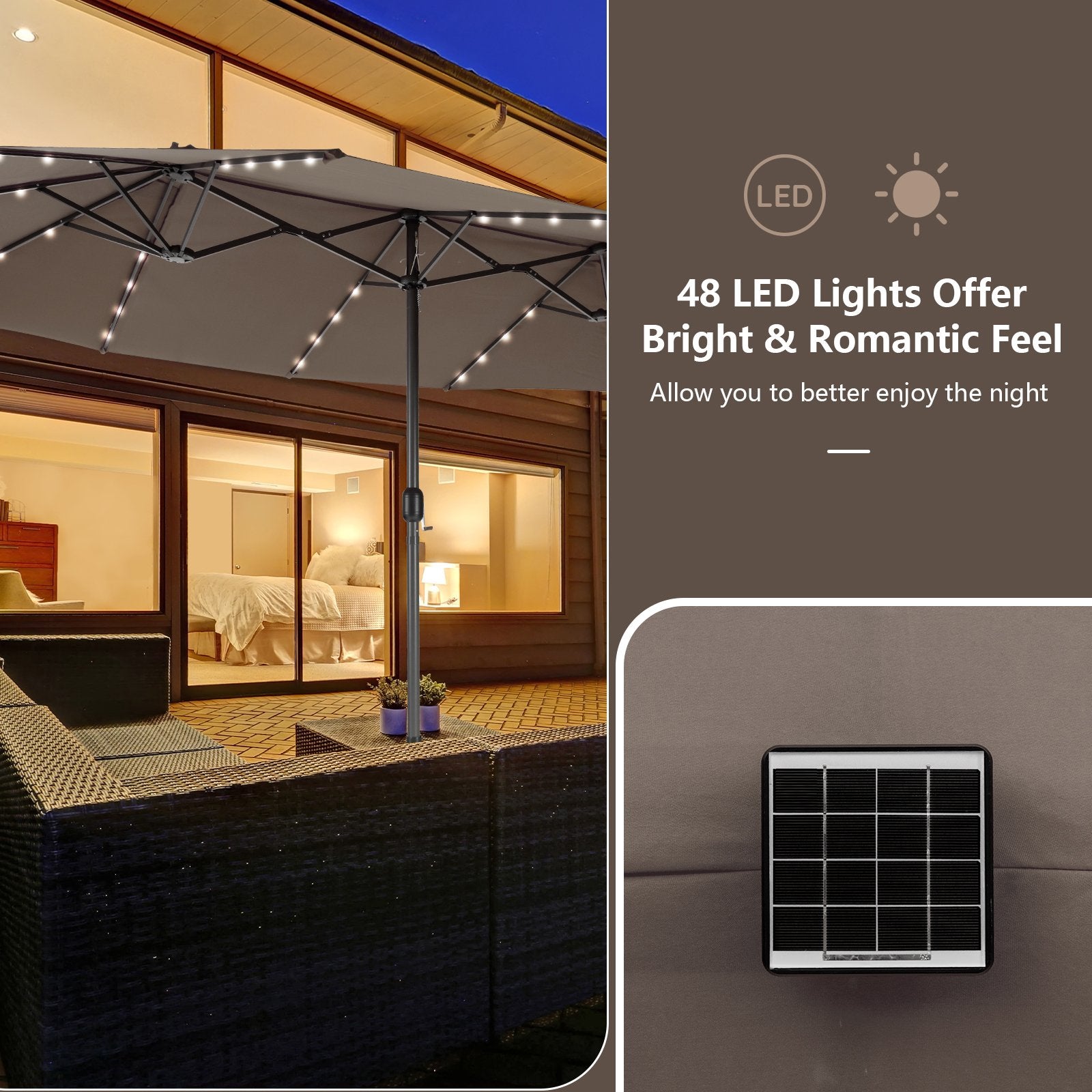 15 Feet Double-Sided Patio Umbrella with 48 LED Lights, Brown Outdoor Umbrellas   at Gallery Canada