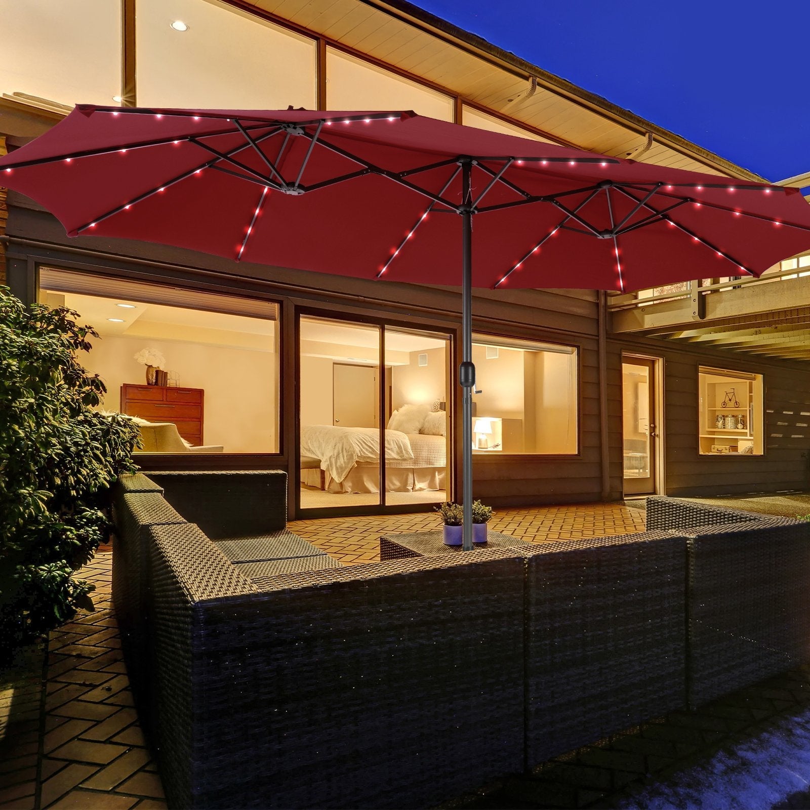 15 Feet Double-Sided Patio Umbrella with 48 LED Lights, Dark Red Outdoor Umbrellas   at Gallery Canada