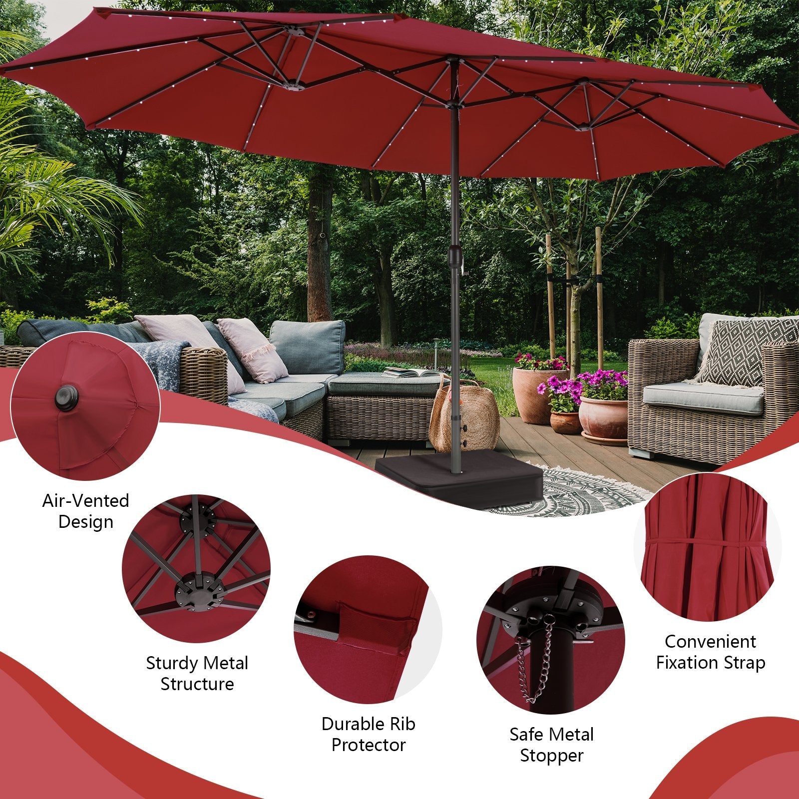 15 Feet Double-Sided Patio Umbrella with 48 LED Lights, Dark Red Outdoor Umbrellas   at Gallery Canada