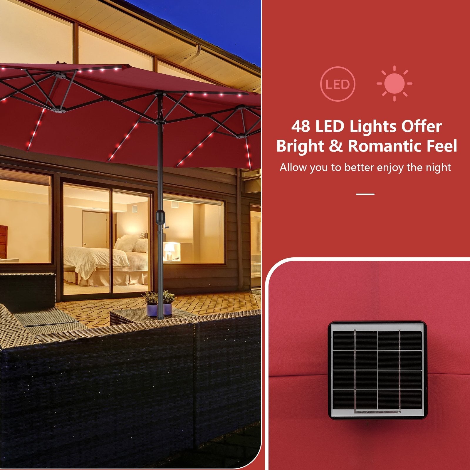 15 Feet Double-Sided Patio Umbrella with 48 LED Lights, Dark Red Outdoor Umbrellas   at Gallery Canada