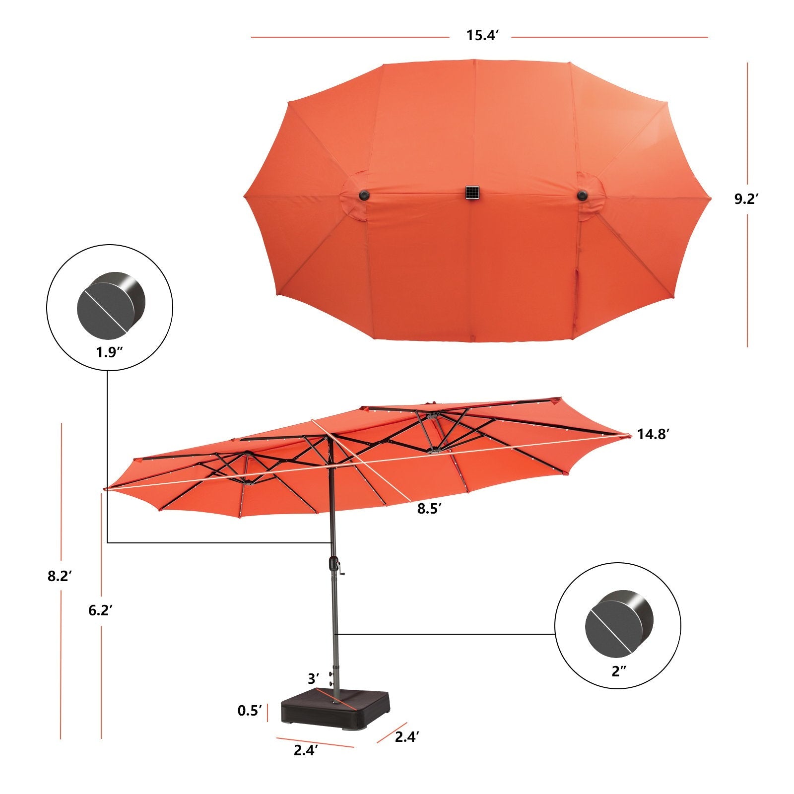 15 Feet Double-Sided Patio Umbrella with 48 LED Lights, Orange Outdoor Umbrellas   at Gallery Canada