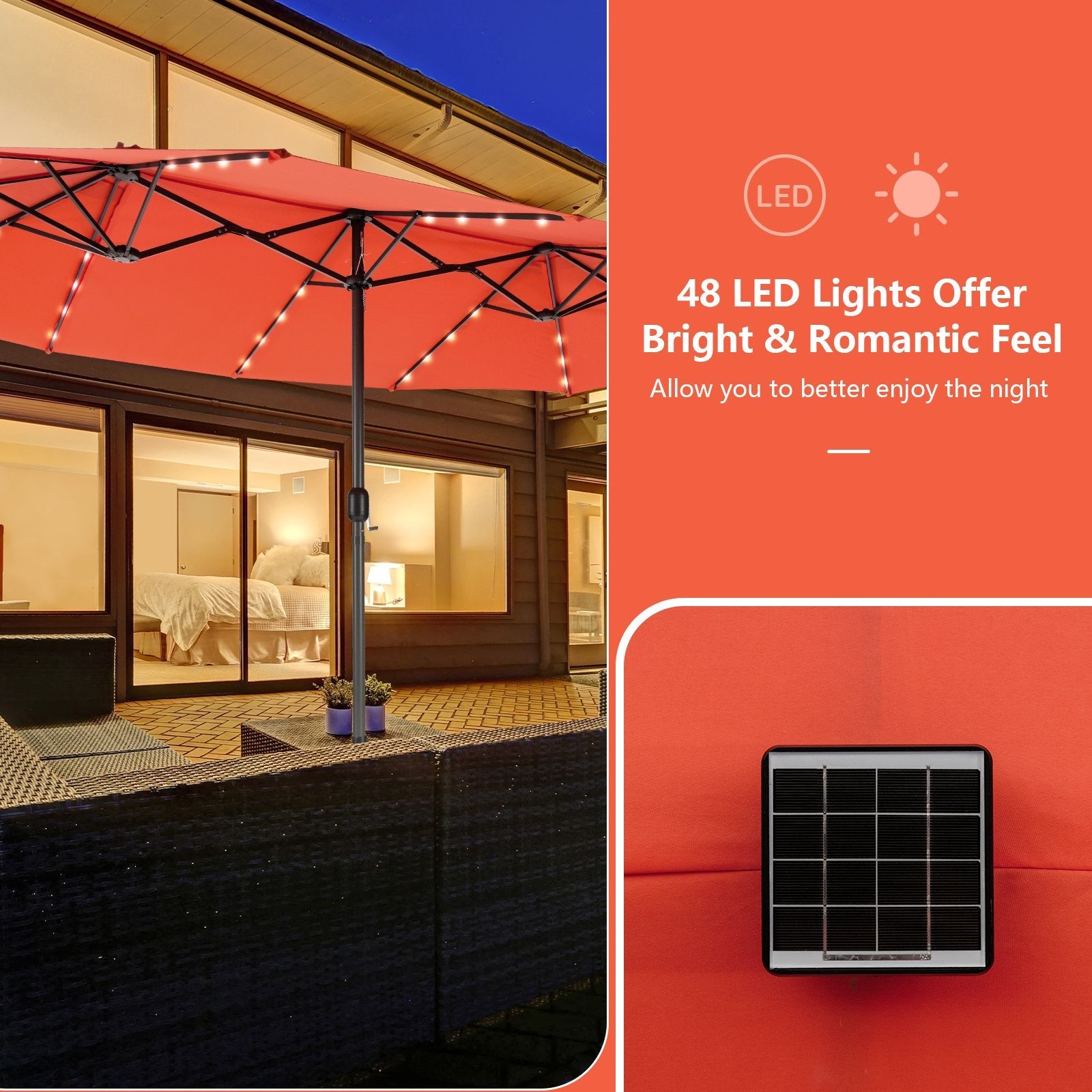 15 Feet Double-Sided Patio Umbrella with 48 LED Lights, Orange Outdoor Umbrellas   at Gallery Canada