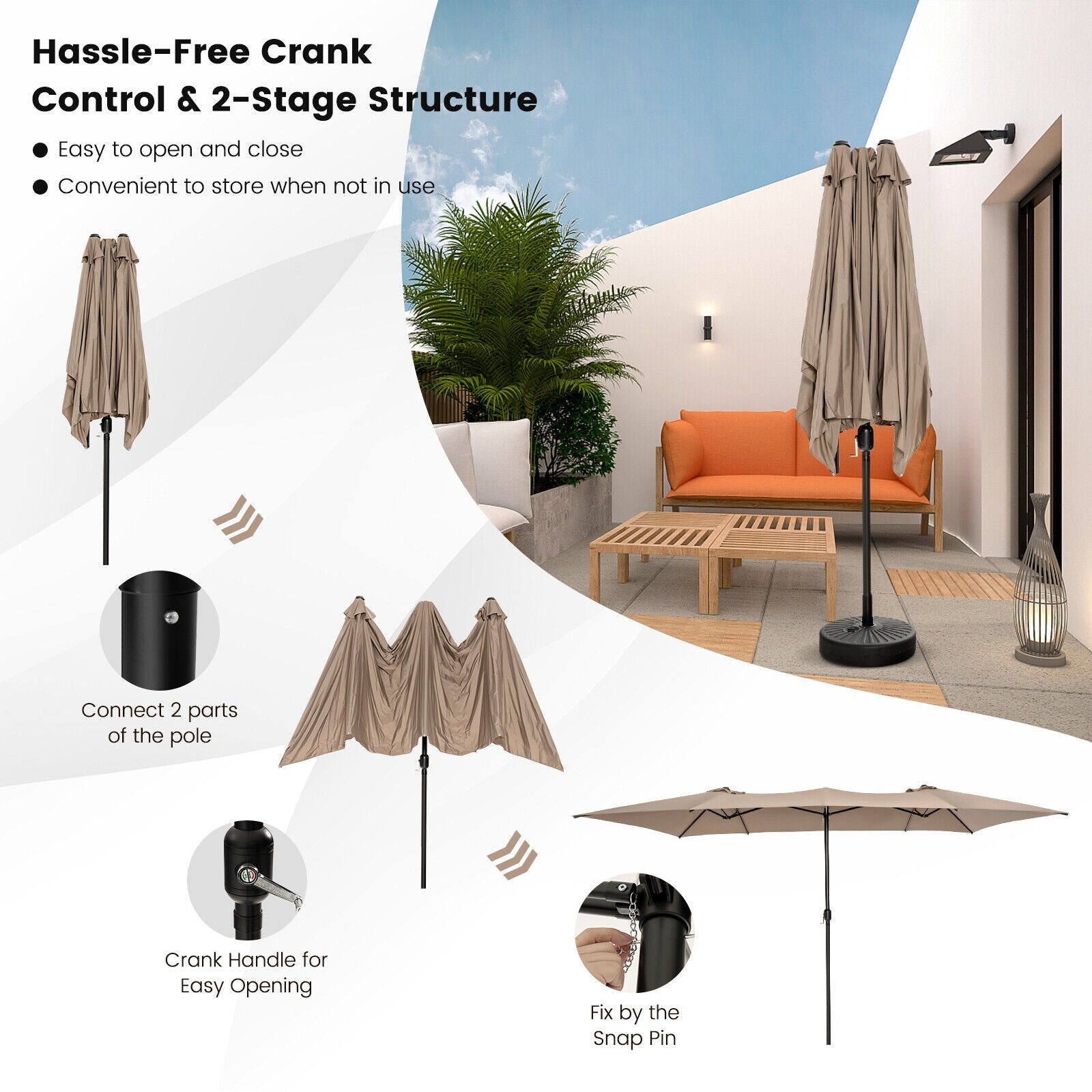 15 Feet Double-Sized Patio Umbrella with Crank Handle and Vented Tops, Brown Outdoor Umbrellas   at Gallery Canada