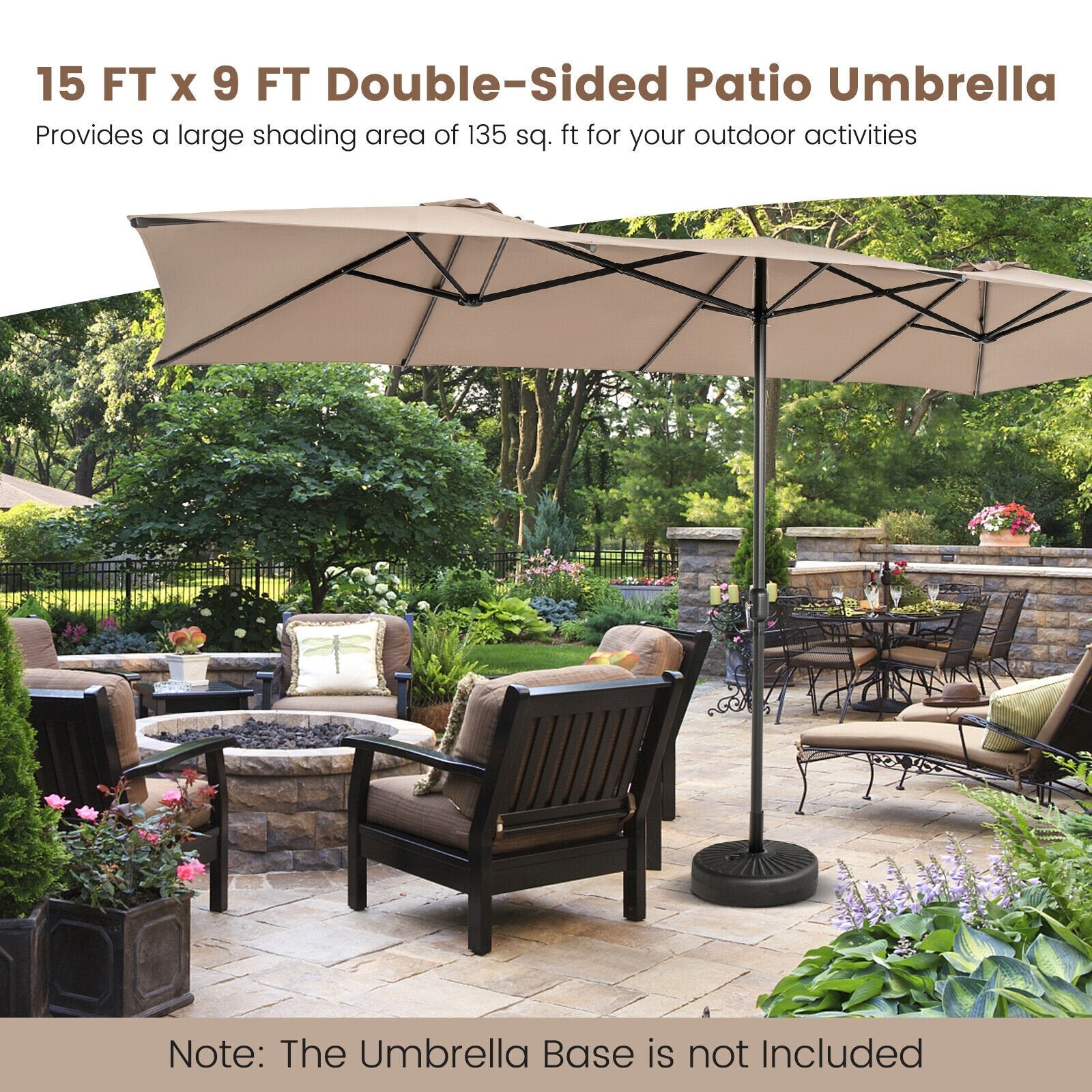 15 Feet Double-Sized Patio Umbrella with Crank Handle and Vented Tops, Brown Outdoor Umbrellas   at Gallery Canada