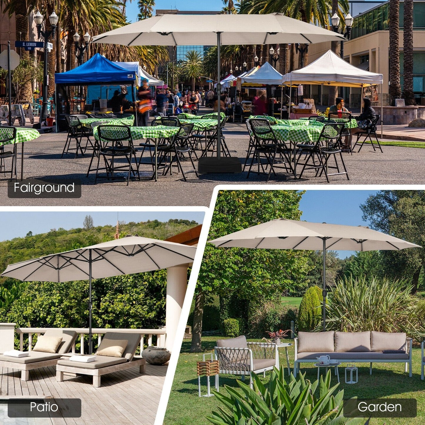 15 Feet Patio Double-Sided Umbrella with Hand-Crank System, Beige Outdoor Umbrellas   at Gallery Canada