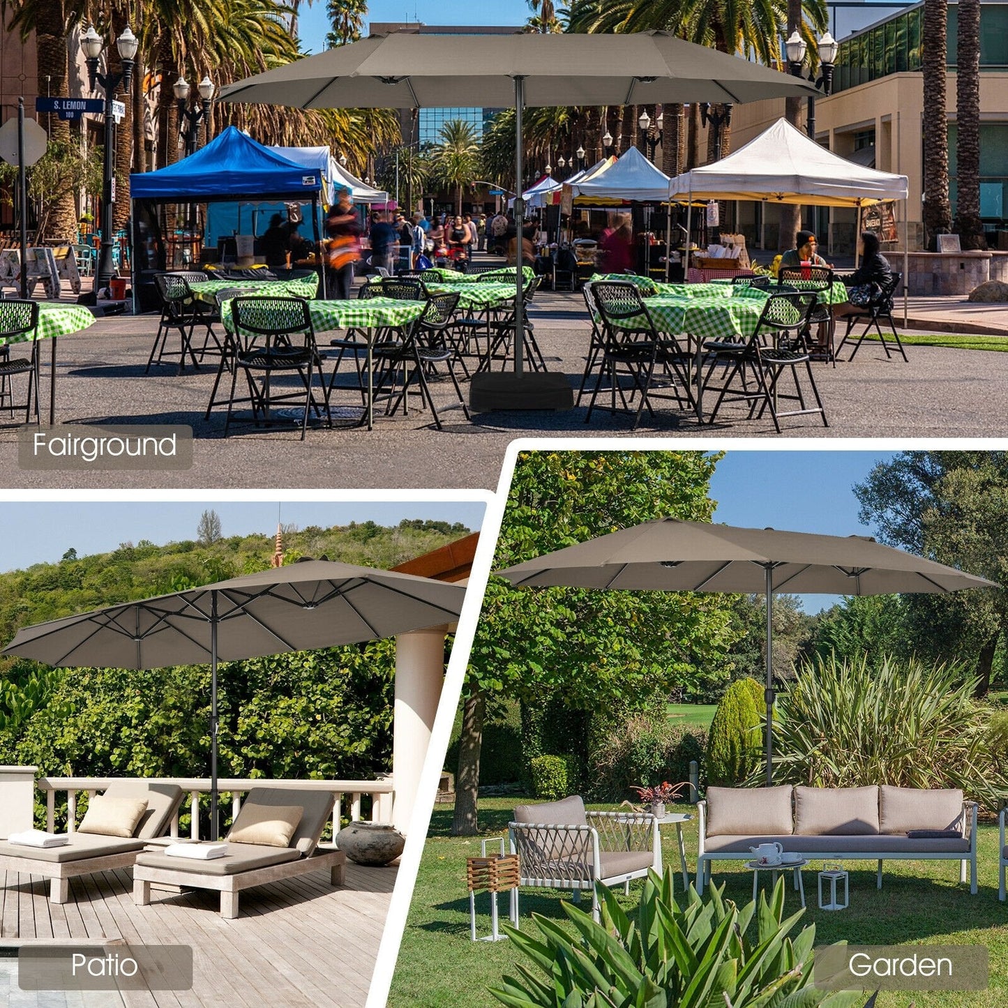 15 Feet Patio Double-Sided Umbrella with Hand-Crank System, Brown Outdoor Umbrellas   at Gallery Canada