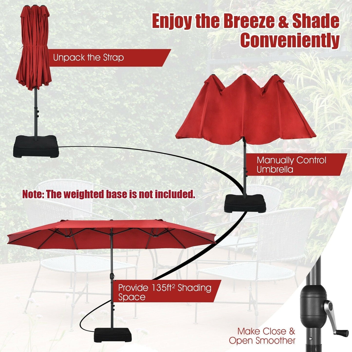 15 Feet Patio Double-Sided Umbrella with Hand-Crank System, Dark Red Outdoor Umbrellas   at Gallery Canada