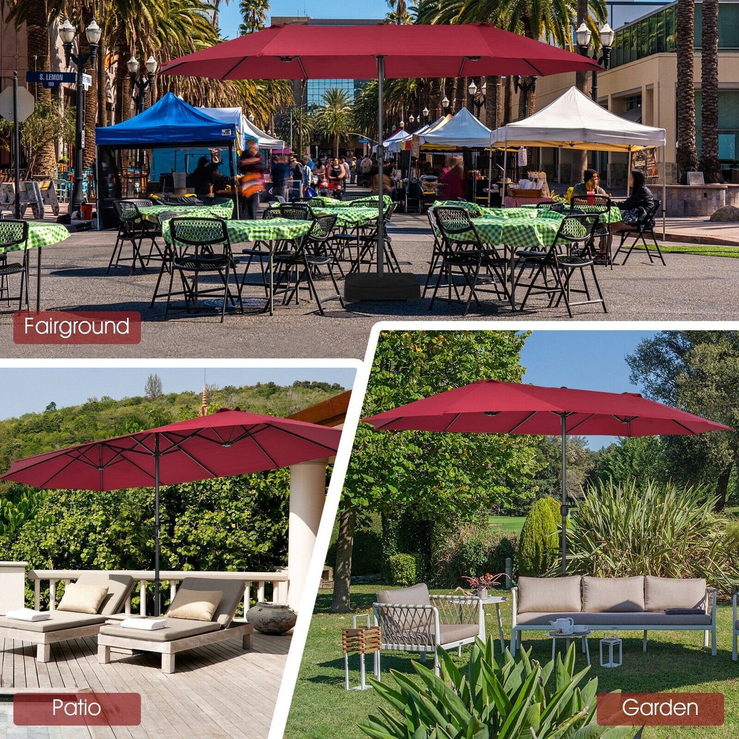 15 Feet Patio Double-Sided Umbrella with Hand-Crank System, Dark Red Outdoor Umbrellas   at Gallery Canada