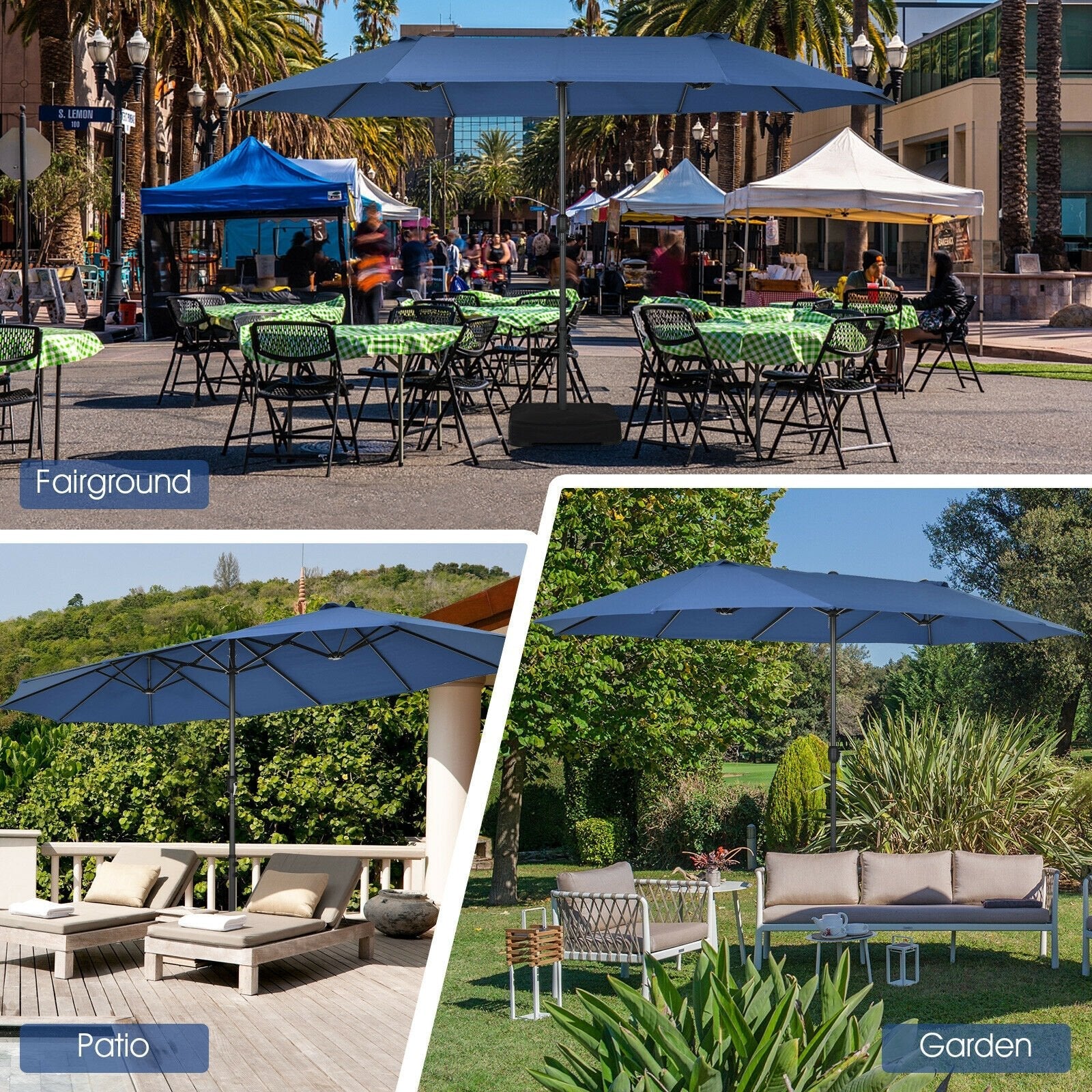 15 Feet Patio Double-Sided Umbrella with Hand-Crank System, Navy Outdoor Umbrellas   at Gallery Canada