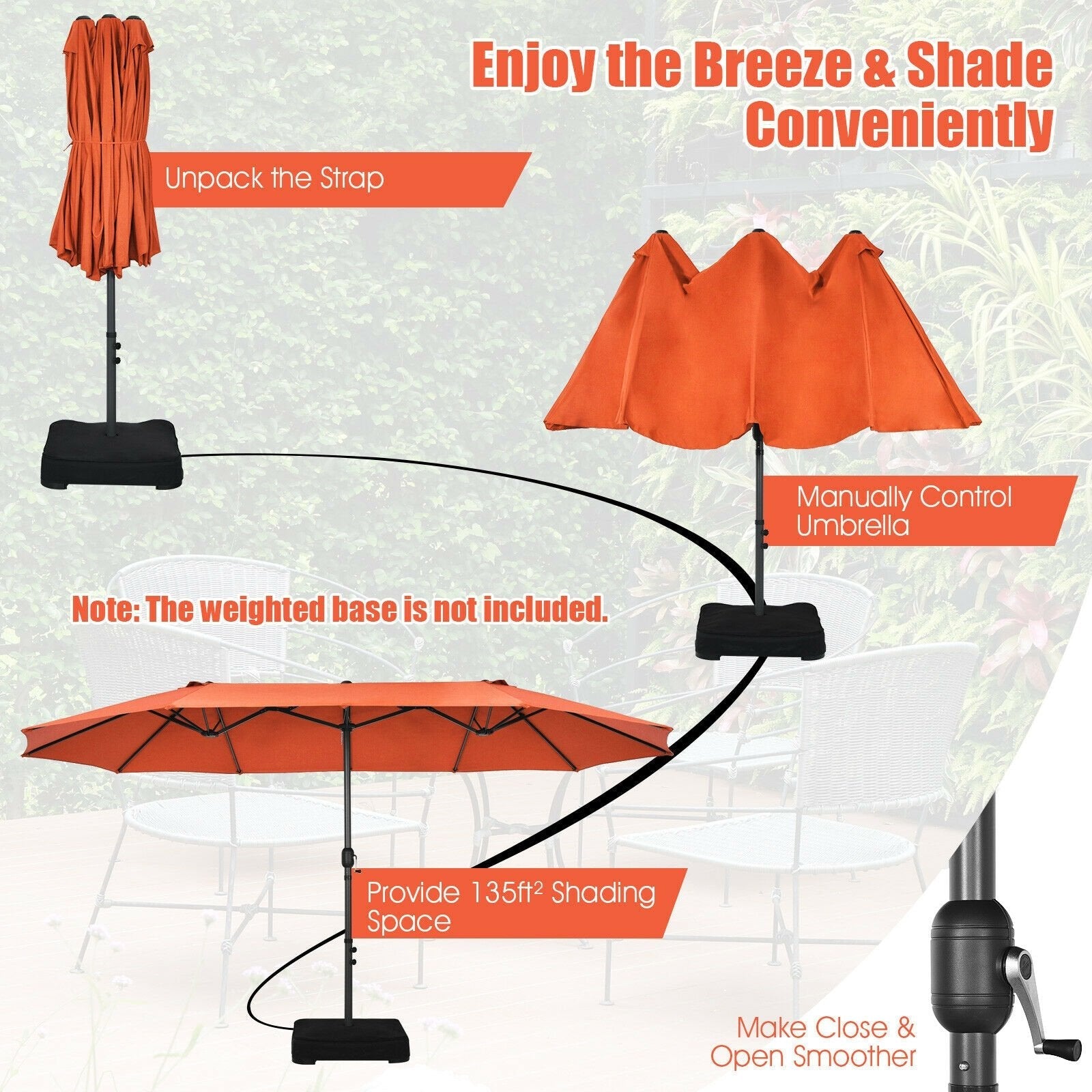 15 Feet Patio Double-Sided Umbrella with Hand-Crank System, Orange Outdoor Umbrellas   at Gallery Canada