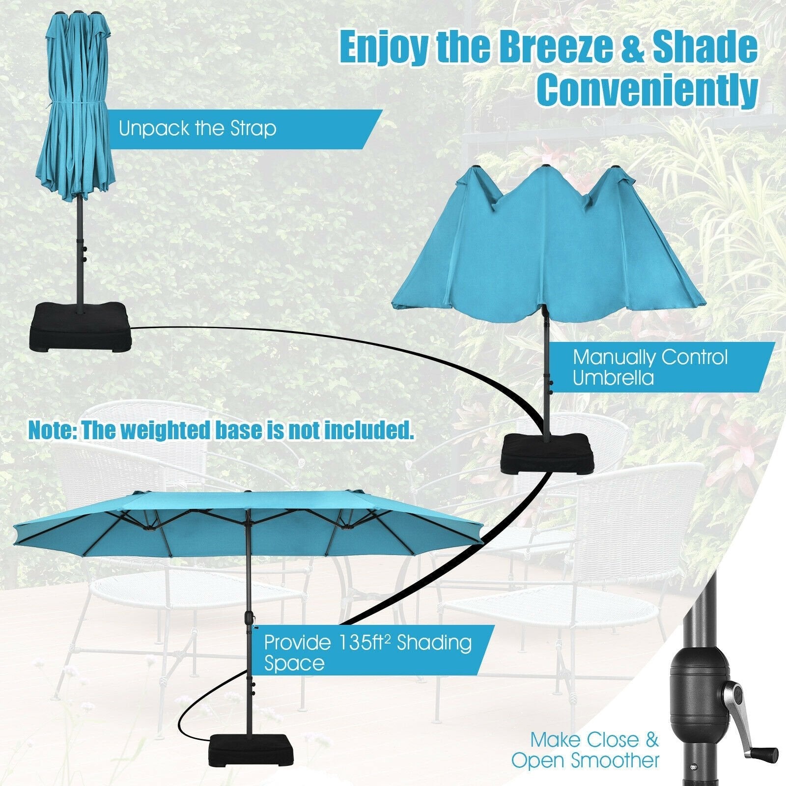 15 Feet Patio Double-Sided Umbrella with Hand-Crank System, Turquoise Outdoor Umbrellas   at Gallery Canada