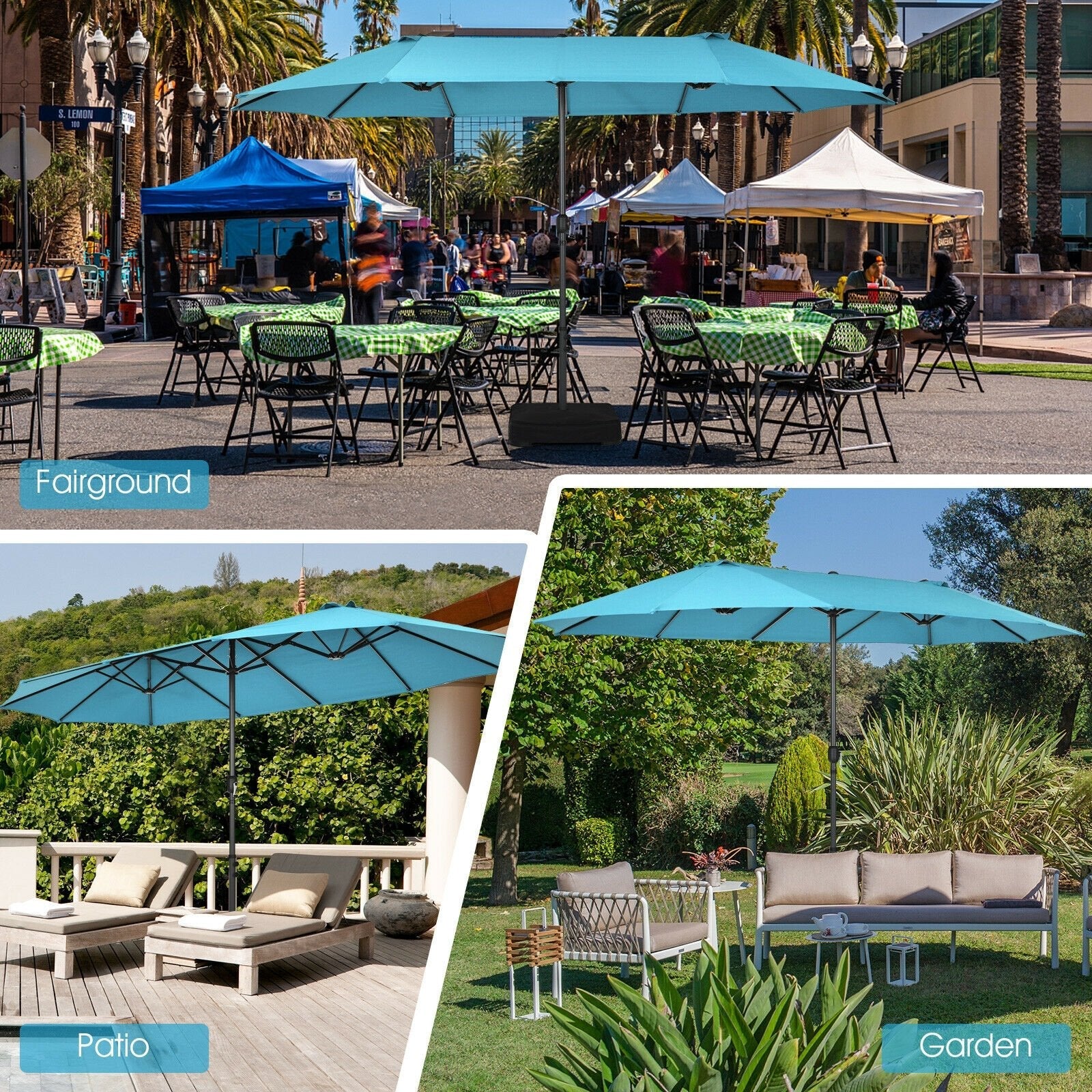 15 Feet Patio Double-Sided Umbrella with Hand-Crank System, Turquoise Outdoor Umbrellas   at Gallery Canada