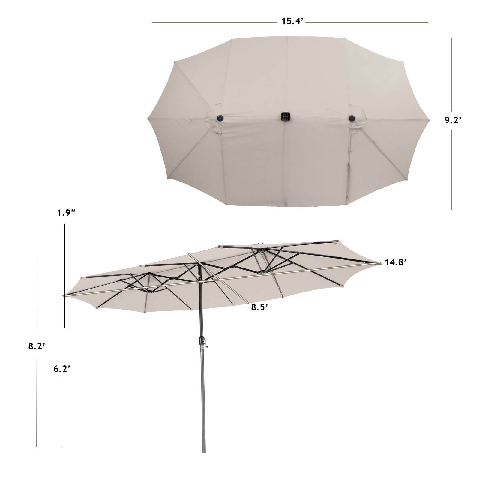 15 Feet Twin Patio Umbrella with 48 Solar LED Lights, Beige Outdoor Umbrellas   at Gallery Canada