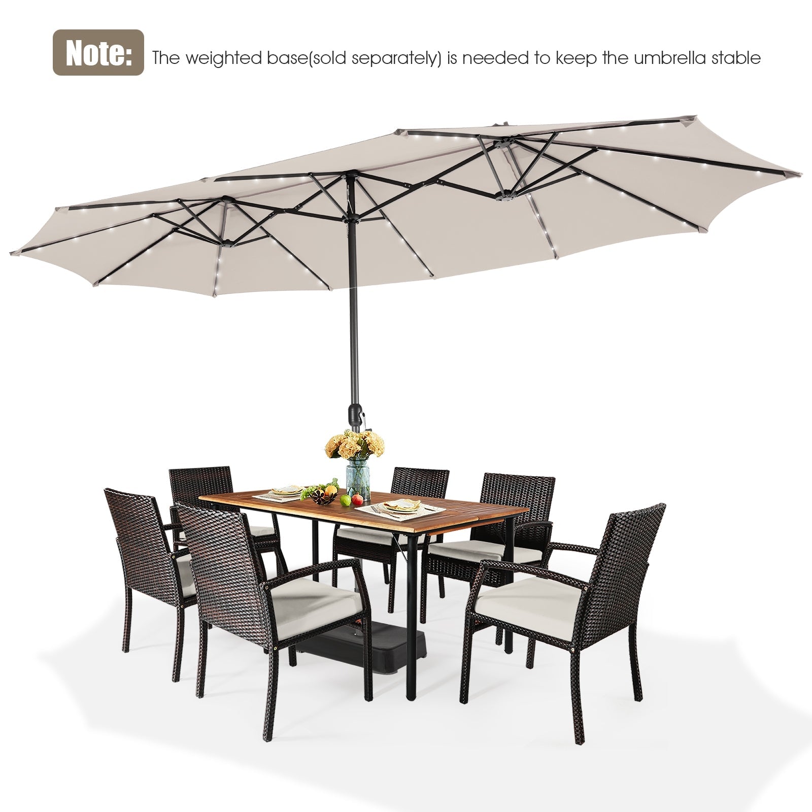 15 Feet Twin Patio Umbrella with 48 Solar LED Lights, Beige Outdoor Umbrellas   at Gallery Canada