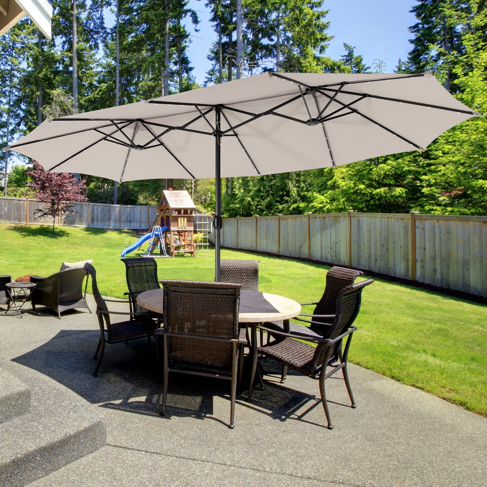 15 Feet Twin Patio Umbrella with 48 Solar LED Lights, Beige Outdoor Umbrellas   at Gallery Canada