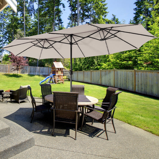 15 Feet Twin Patio Umbrella with 48 Solar LED Lights, Beige Outdoor Umbrellas Beige  at Gallery Canada