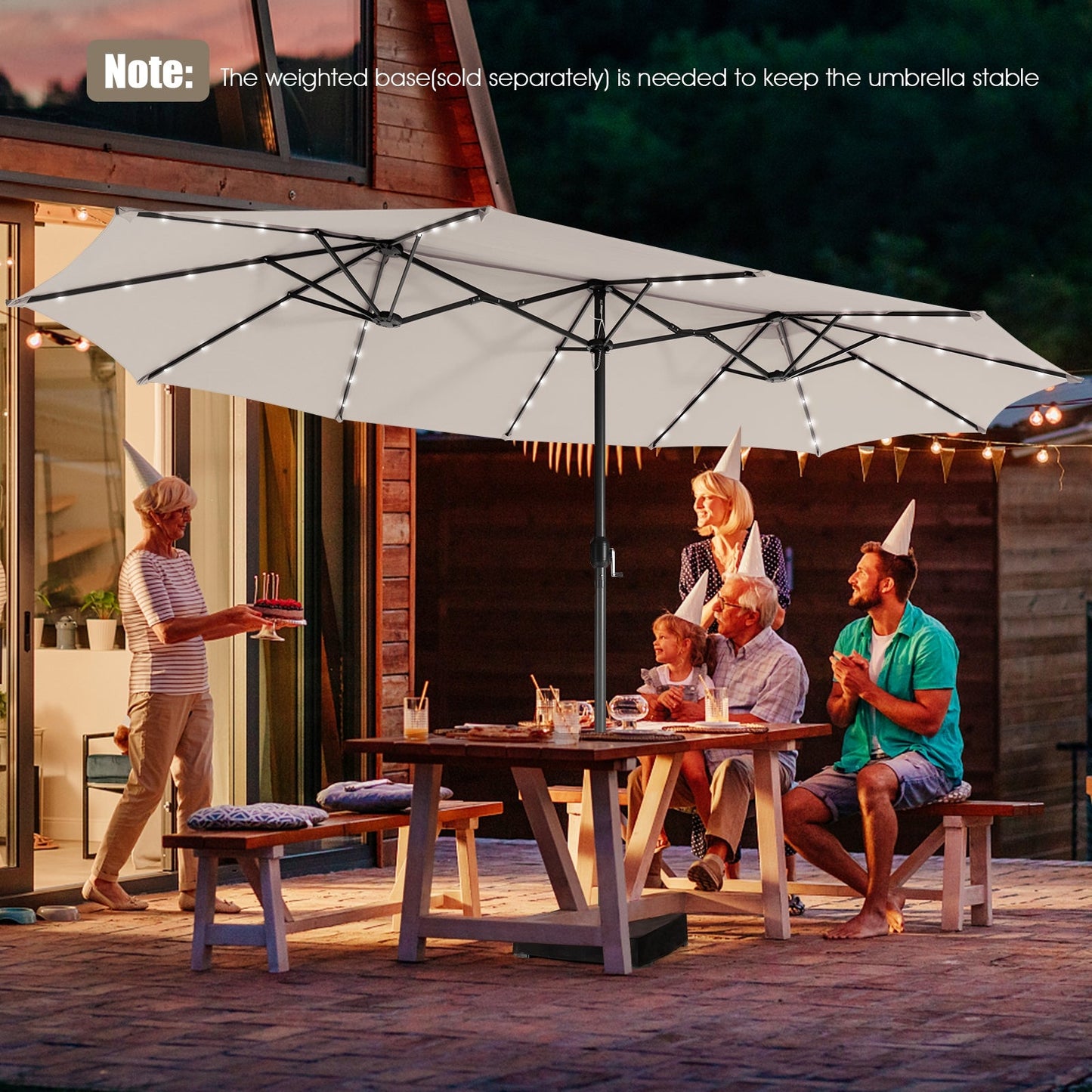 15 Feet Twin Patio Umbrella with 48 Solar LED Lights, Beige Outdoor Umbrellas   at Gallery Canada