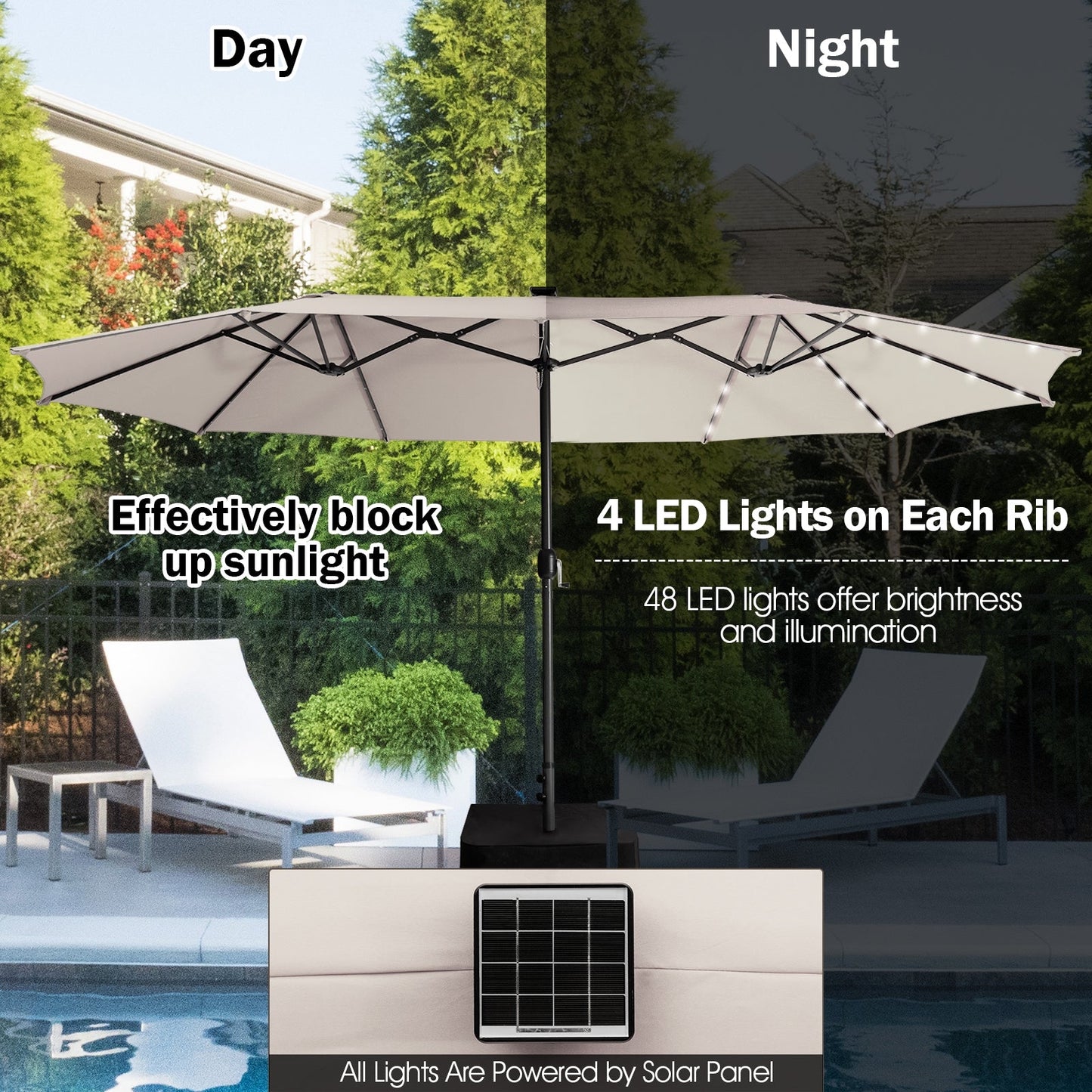 15 Feet Twin Patio Umbrella with 48 Solar LED Lights, Beige Outdoor Umbrellas   at Gallery Canada