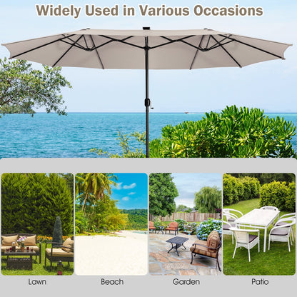 15 Feet Twin Patio Umbrella with 48 Solar LED Lights, Beige Outdoor Umbrellas   at Gallery Canada