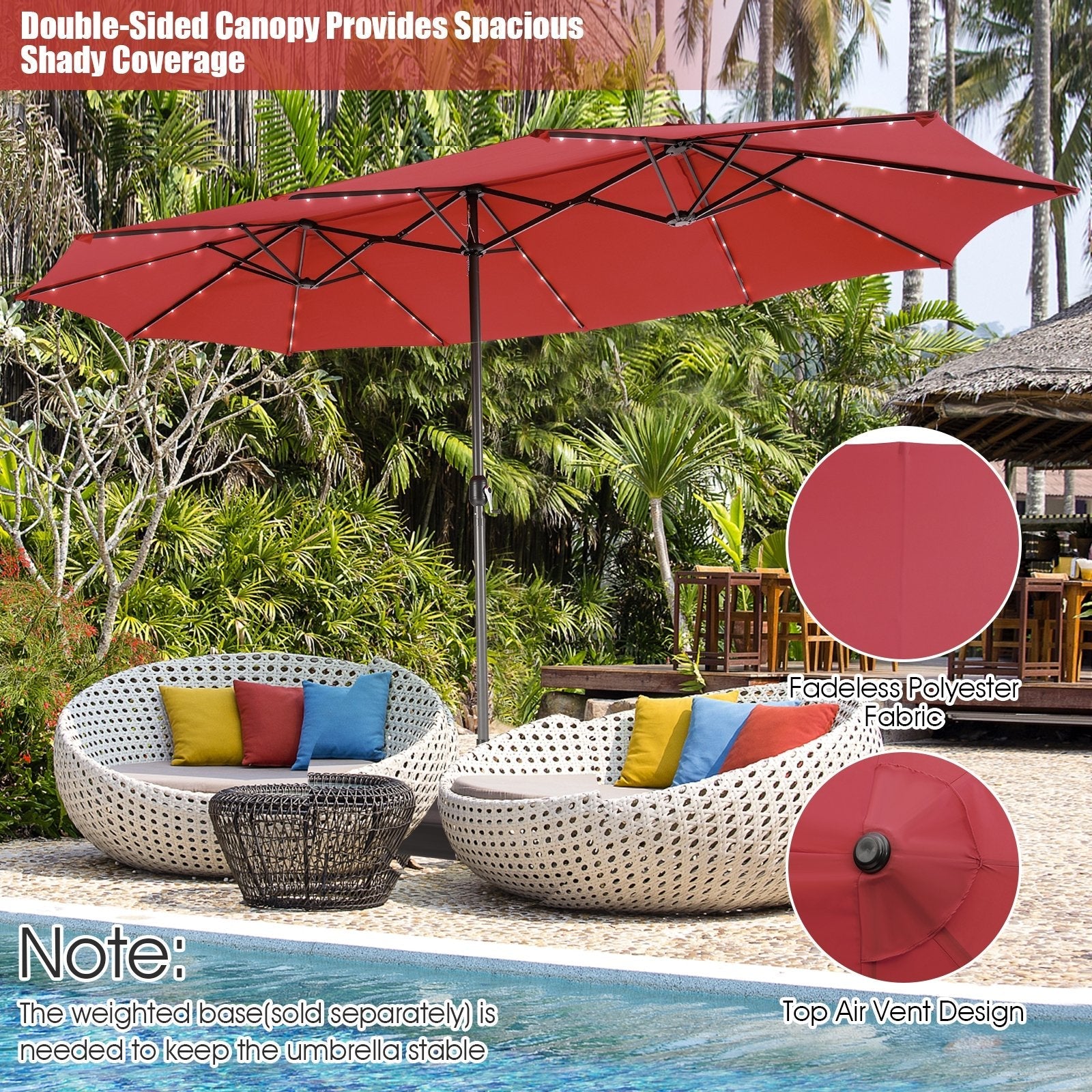 15 Feet Twin Patio Umbrella with 48 Solar LED Lights, Dark Red Outdoor Umbrellas   at Gallery Canada