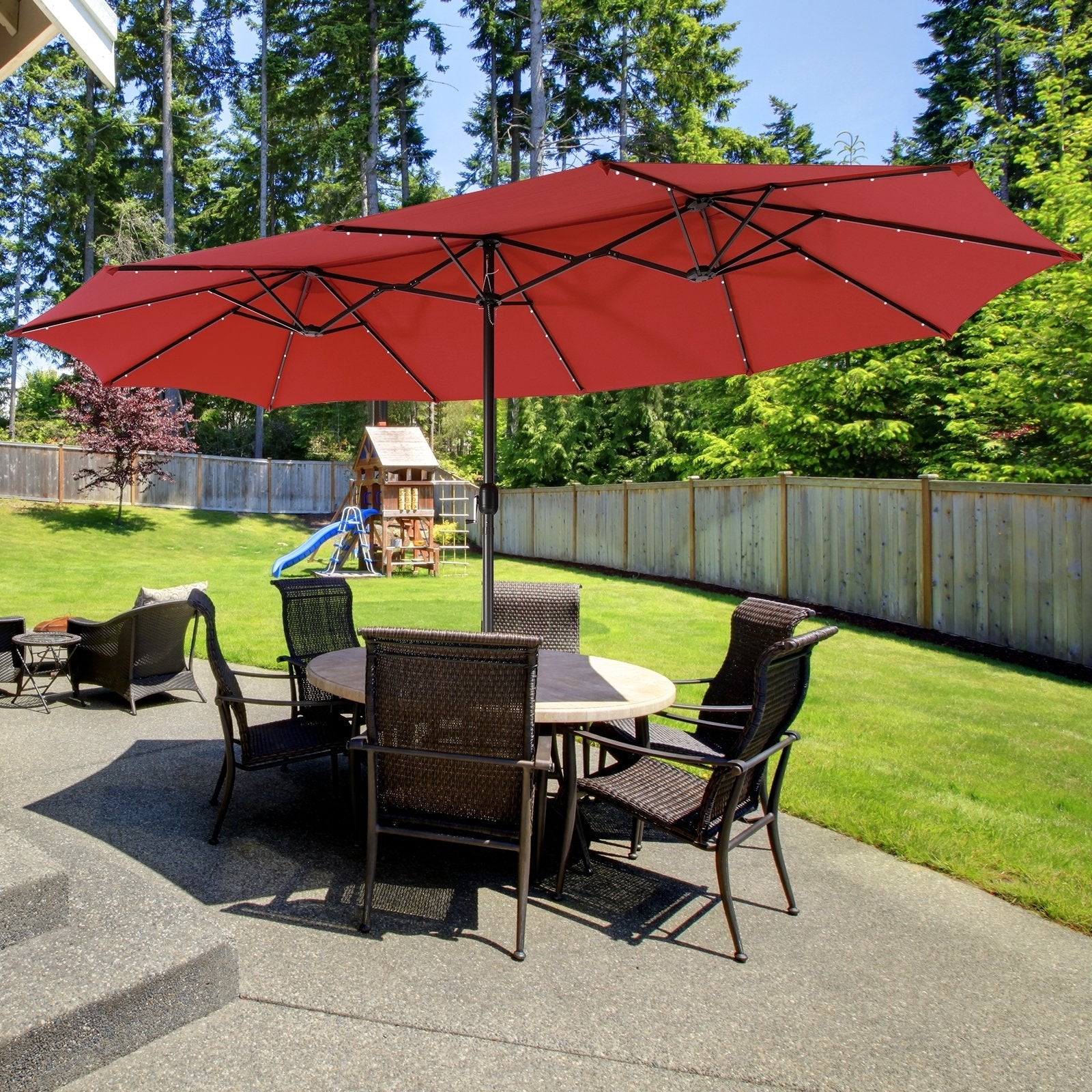 15 Feet Twin Patio Umbrella with 48 Solar LED Lights, Dark Red Outdoor Umbrellas   at Gallery Canada