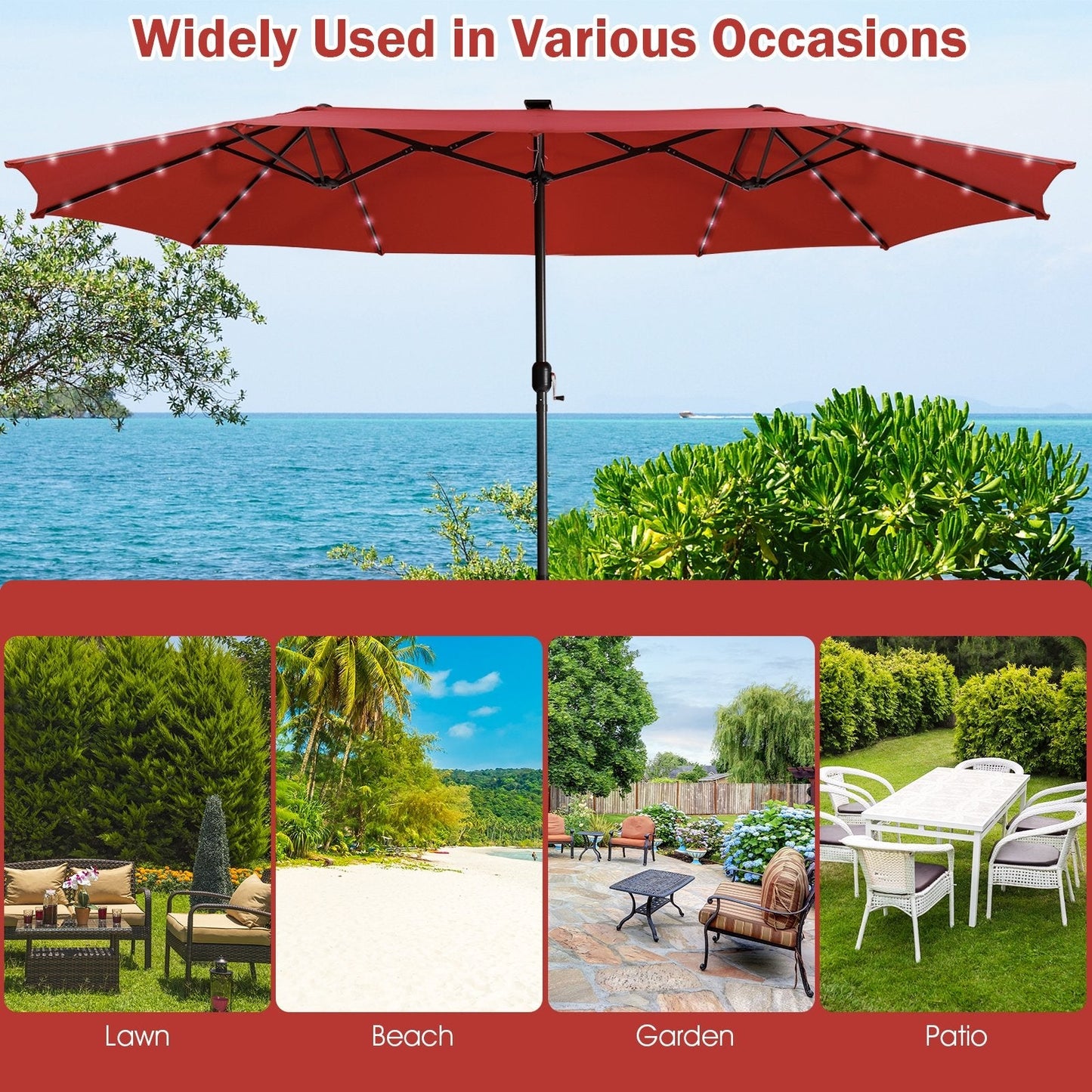 15 Feet Twin Patio Umbrella with 48 Solar LED Lights, Dark Red Outdoor Umbrellas   at Gallery Canada